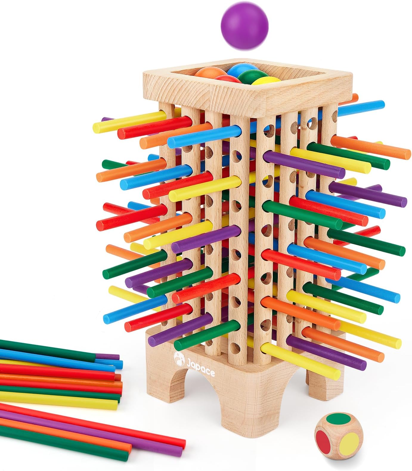 – Wooden Board Games Montessori Educational Toys, Kids Fine Motor Skills Toy with 42 Colourful Sticks and Dice, Family Fun Ball Dropping Game for 3 4 5 6 Year Boy Girl Birthday Gift