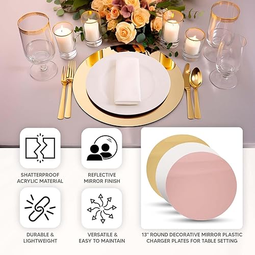 Miniatura 4 de Efavormart - Paquete de 10 platos de plástico con espejo de oro rosa para colocar la mesa, 13 pulgadas, ligeros, redondos, decorativos, para platos