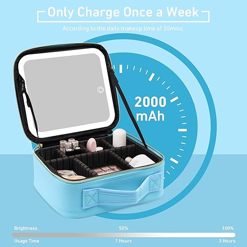 Miniatura 4 de RRtide Bolsa de maquillaje con espejo de luz LED, estuche de viaje de tren de maquillaje, organizador de bolsas de cosméticos con separadores