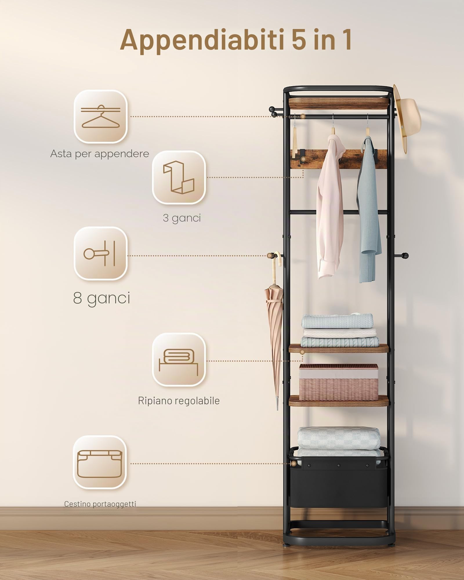 Hzuaneri Appendiabiti, 40 x 44,5 x 182 cm, Attaccapanni da Terra con 3 Ripiani, 11 Ganci e 1 cesto, per sciarpe, borse, cappelli, per ingresso, soggiorno, camera da letto, Marrone Rustico e Nero