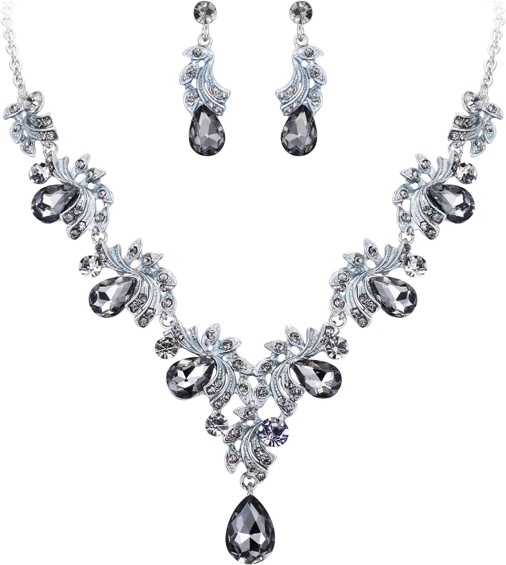 BriLove Wedding Bridal Jewelry Set for Women Crystal Teardrop Filigree Leaf Twig Enamel Statement Necklace Dangle Earrings Grey Black Silver-Tone