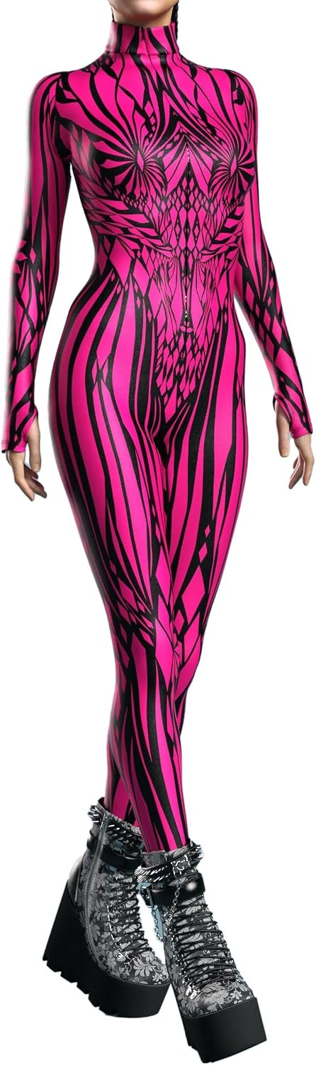 Neon Pink Symbiote Bodysuit Women Sci-Fi Fantasy Party Cosplay Costume Venom Style Jumpsuit with Hidden Zipper
