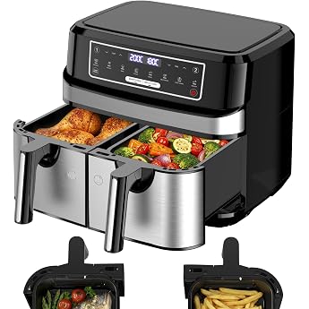 Hot Air Fryer 2 Chambers 9L Dual Zone Airfryer with 2 x 4.5 L Drawers 2600 W Hot Air Fryer 8-in-1 Touchscreen Smart Finish Function Air Fryer Double Chamber Independent Control Temperature Time