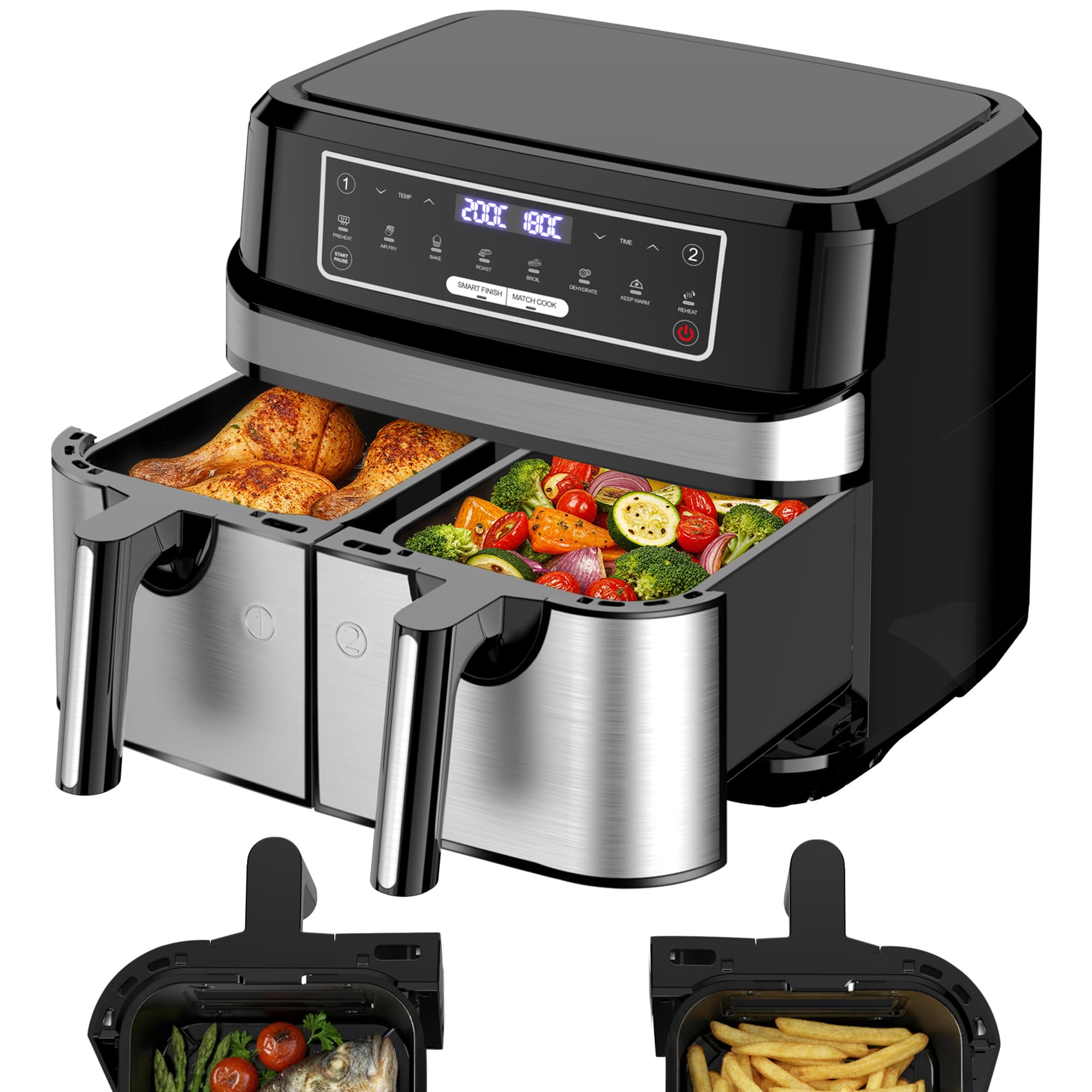 Heißluftfritteuse 2 Kammern 9L | Dual Zone Airfryer m 2x4,5L Schubladen, 2600W Heissluftfritteuse 8-in-1 Touchscreen Smart Finish Funktion, Air Fryer Doppelkammer Unabhängige Steuerung Temperatur Zeit