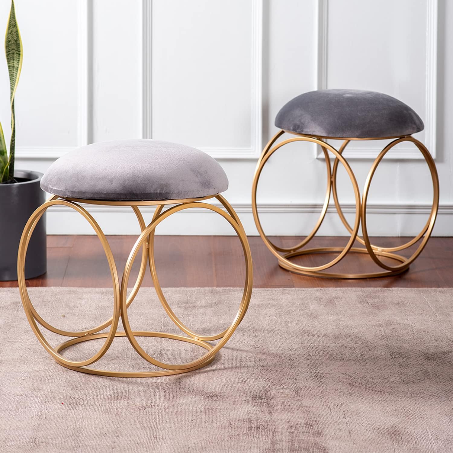 nestroots Ottoman Stool for Living Room |Set of 2 Metallic Stools for Sitting, Bedroom Pouffes, Side Table | 18 Inch Height, Gray Ring Design | Stylish & Durable Stool for Home