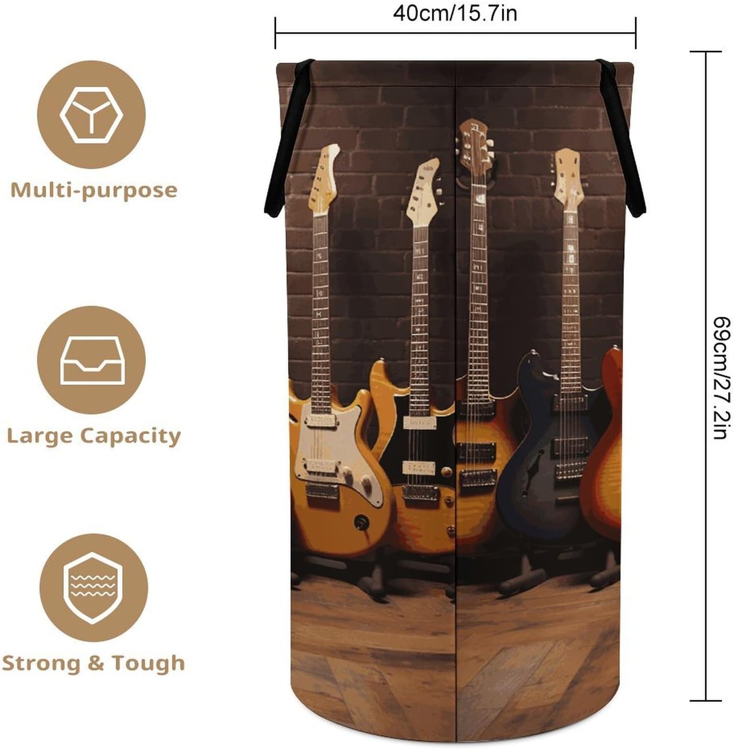 Guitar Collection Laundry Hamper Large Capacity 15.7x27.2 Inch, Collapsible Dirty Clothes Basket with Handles, Foldable Storage Bin Laundry Basket for Bedroom Bathroom Dorm