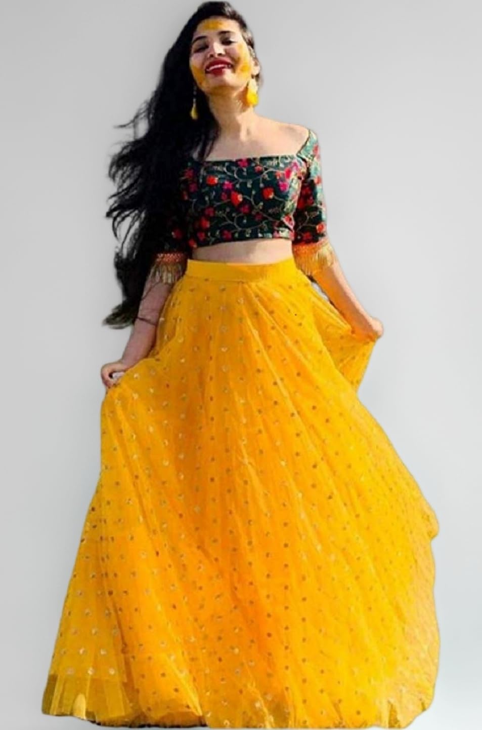NPLASH FASHION Women's Net Semi stitched Lehenga Choli Roop Lengha choli (Yellow) Free Size