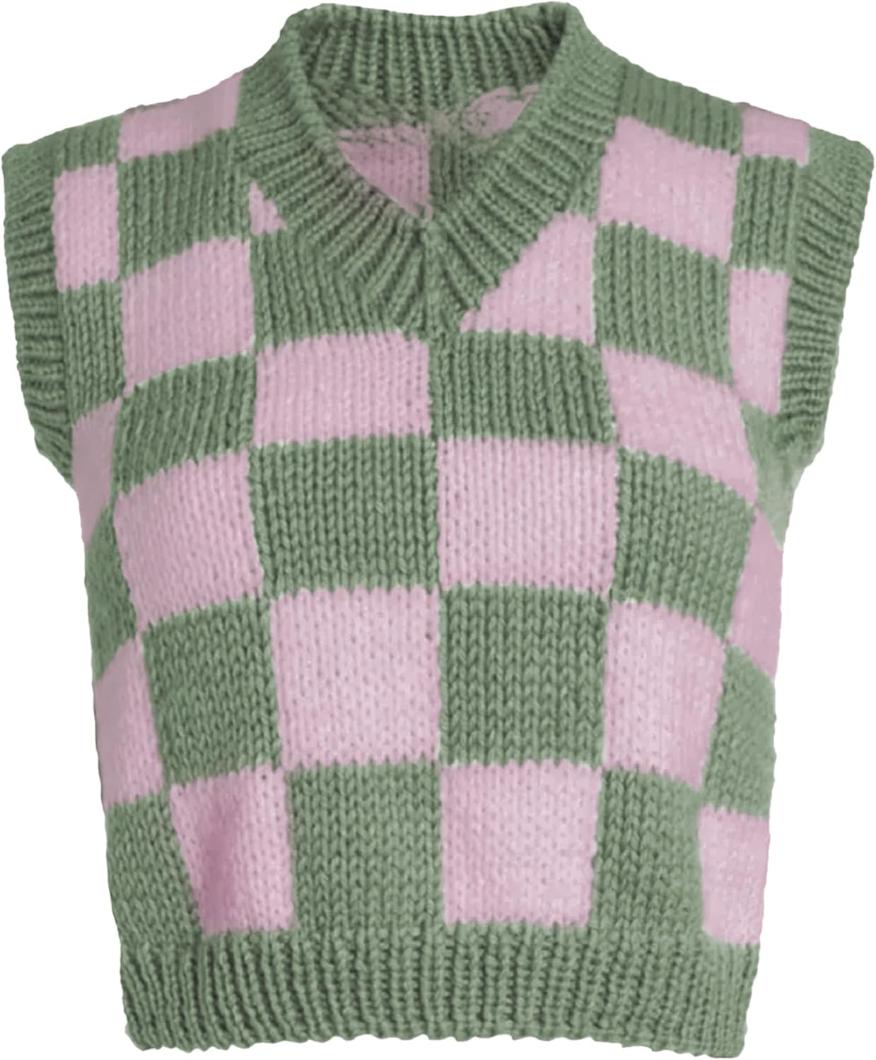 Hixiaohe Womens Chunky Checkered Knit Vest Tops Casual Sleeveless V Neck Crop Sweater Vest Trendy Fall Pullover Tank Top
