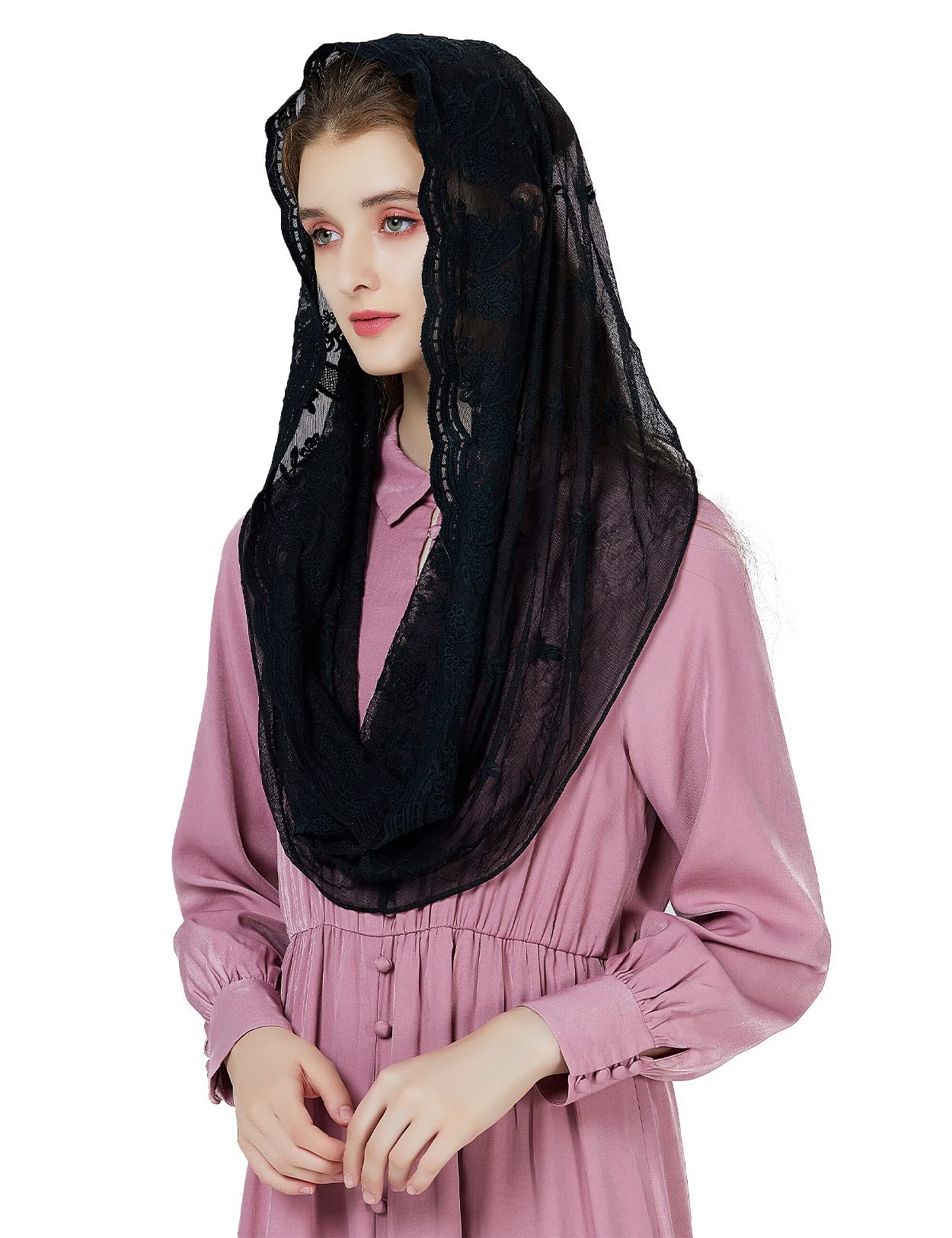 Beautelicate Women's Black Infinity Mantilla Veil Catholic Church Latin Mass Holy Communion Religious Ceremony Head Cover Formal Lace Scarf