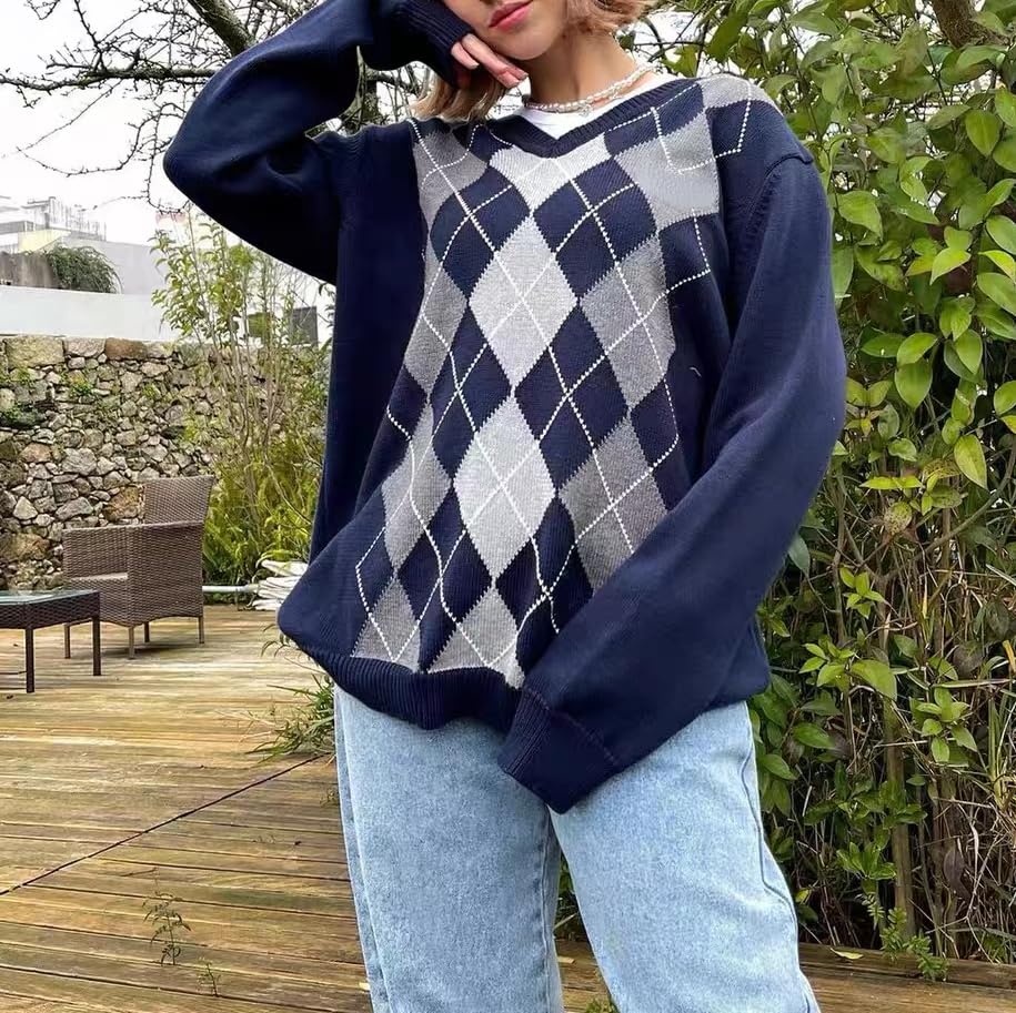 Womens Argyle Striped Sweater Preppy Oversized V Neck Pullover Sweaters Old Money Aesthetic Clothing Women4