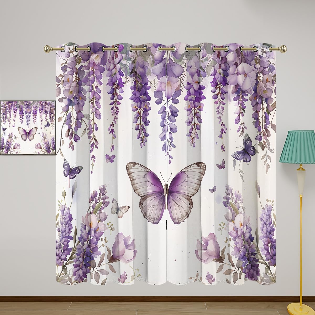 Purple Butterfly Blackout Curtains for Girls Boy Home Decor, Spring Floral Lavender Lilac Summer Grommet Thermal Insulated Drapes Darkening Window Curtain for Bedroom Living Room, 42 x 63 Inch