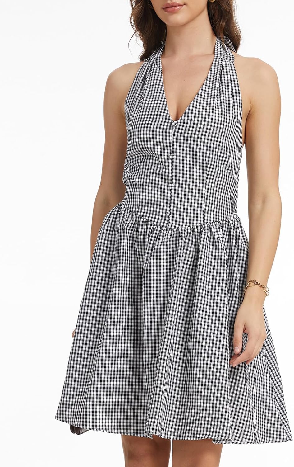 KEOMUD Women Summer Gingham Dress Casual Breathable Halter Plaid Mini Dress Beach Sundress with Ruffled Skirt - Image 3