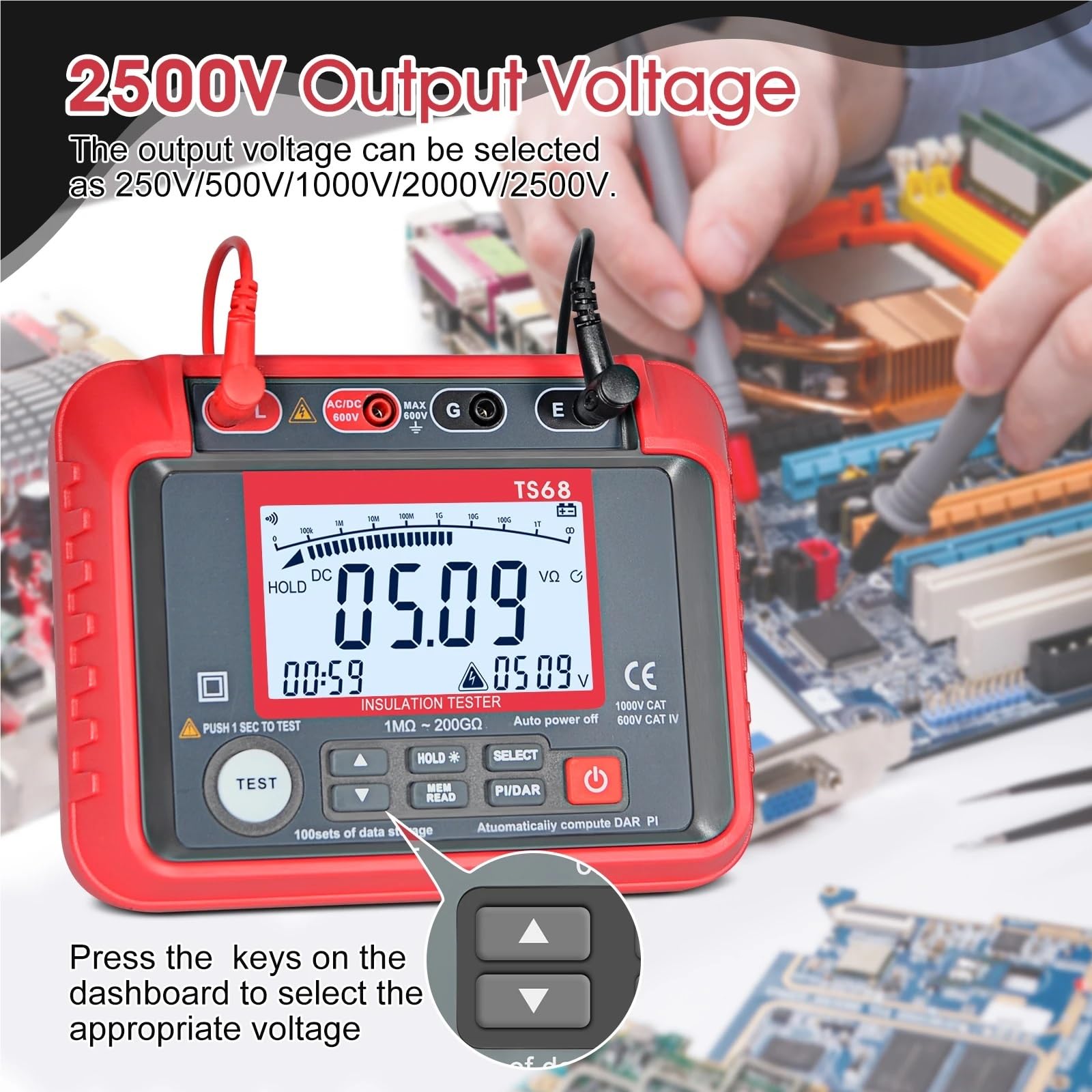 Elektroniczny tester obciążenia, Megaomomierz cyfrowy 250 V–2500 V, tester rezystancji izolacji, przyrządy i narzędzia diagnostyczne płytek drukowanych, zakres 0,1 MΩ–40 GΩ(TS58)