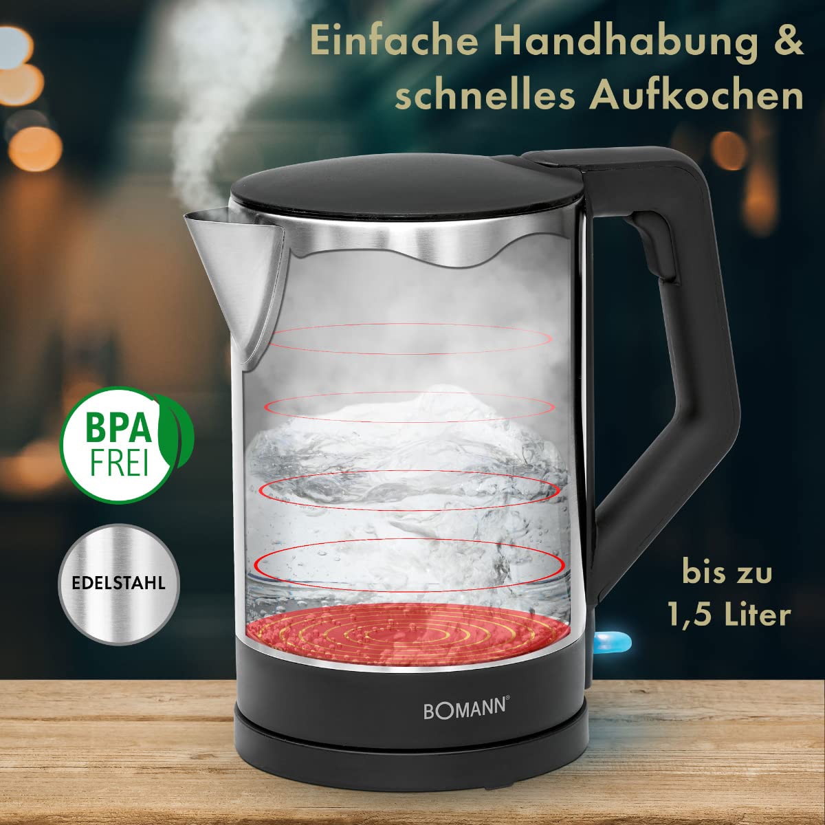 Bollitore elettrico - Bollitore elettrico - Bollitore in acciaio - Bollitore Bomann WKS 3002 CB 1,5 litri acciaio inox/nero - 2200 Watt - sistema di spegnimento automatico