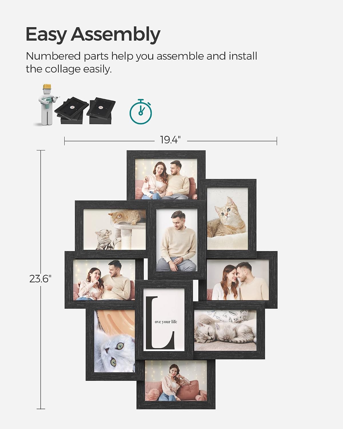 SONGMICS Collage Picture Frames, 4x6 Picture Frames Collage for Wall Decor, 10 Pack Photo Collage Frame for Gallery, Multi Family Picture Frame Set, Glass Front, Assembly Required, Black