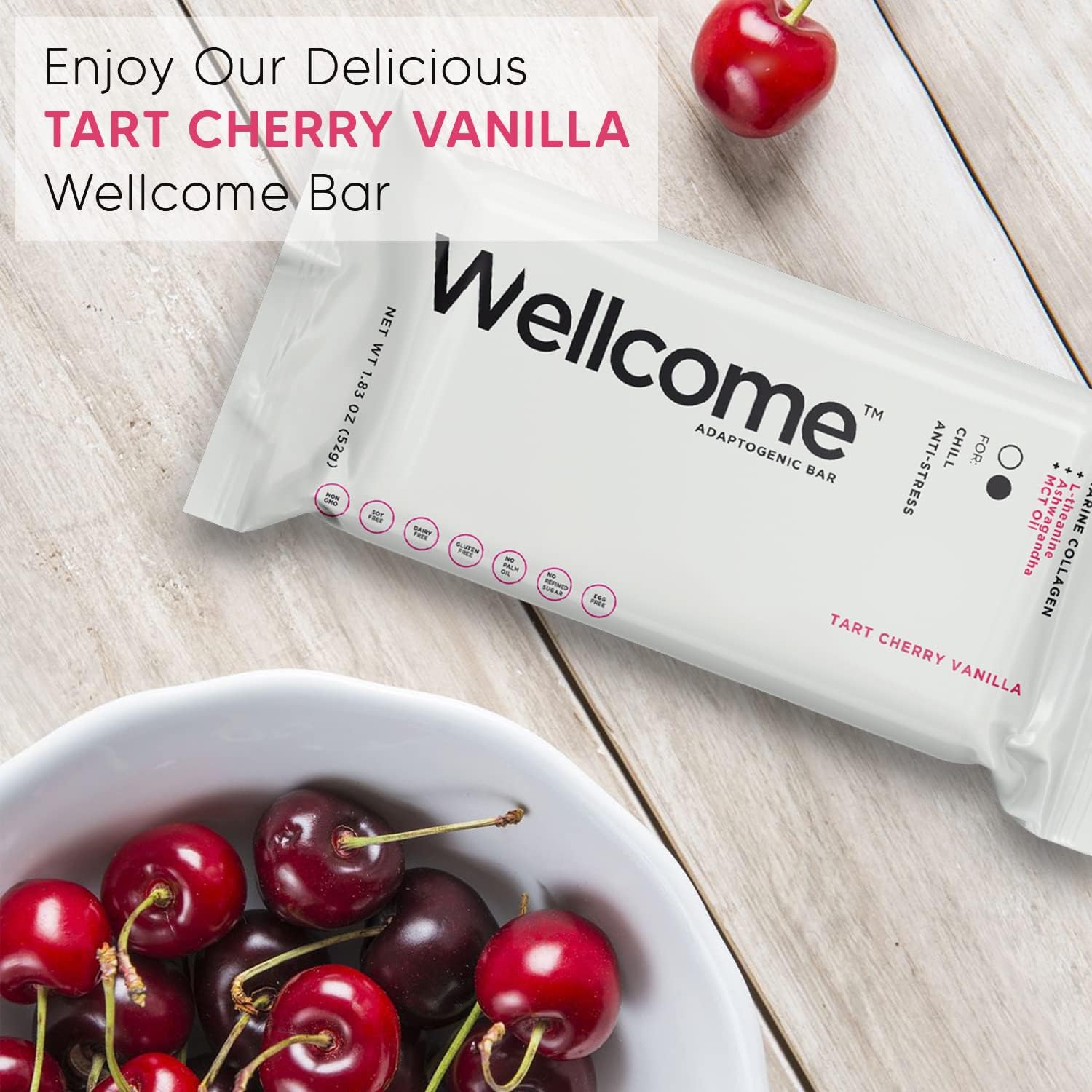 Wellcome Tart Cherry Vanilla Marine Collagen Protein Bars - Health Bar with MCT Oil, Ashwagandha and L-Theanine - Adaptogenic Healthy Snack Bar for Functional Active Lifestyle (Pack of 12)