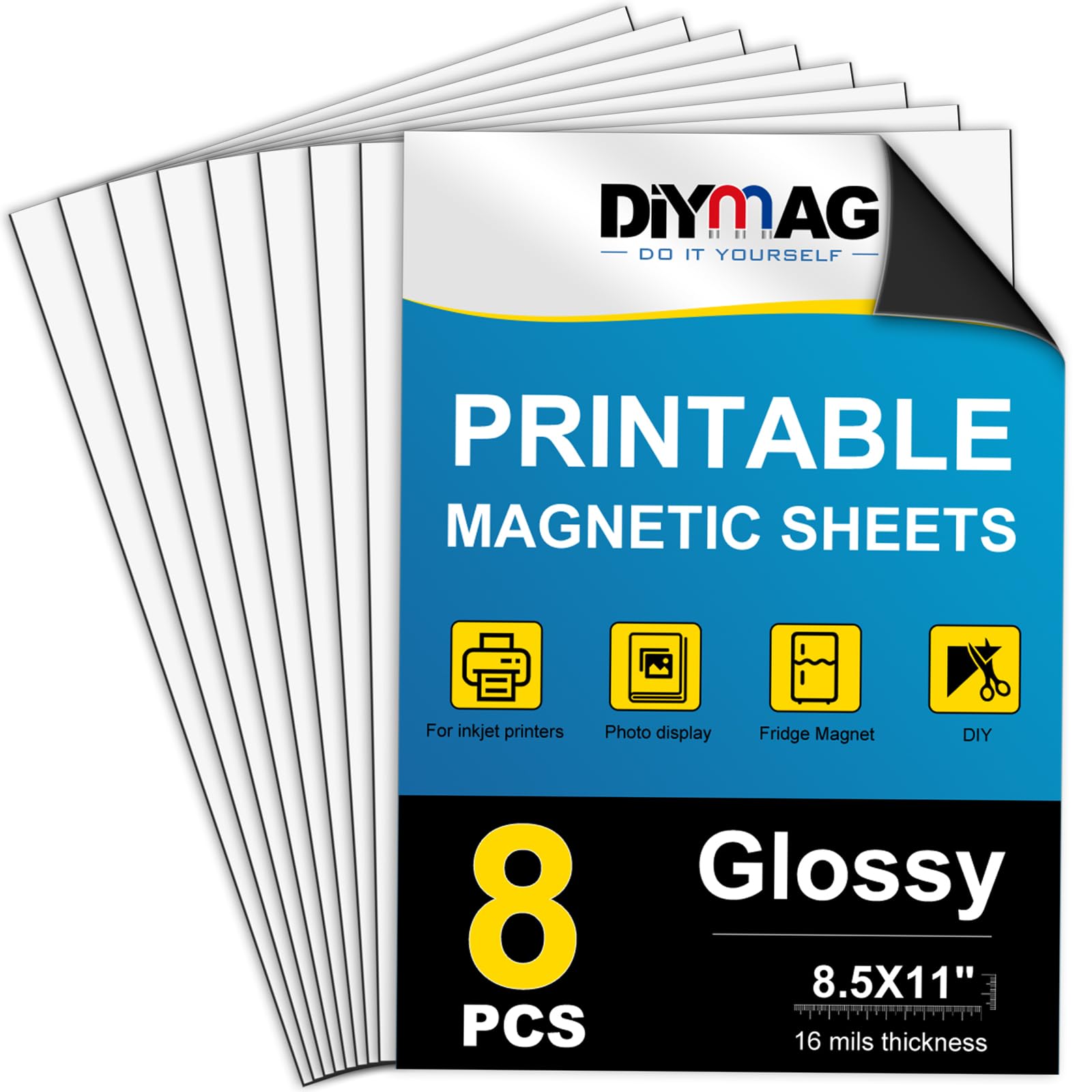 DIYMAG Printable Magnetic Sheets, 8Pcs 8.5 x 11 Inch Flexible Magnet Sheets Glossy Non Adhesive Magnetic Paper for Inkjet Printer Photo DIY Crafts