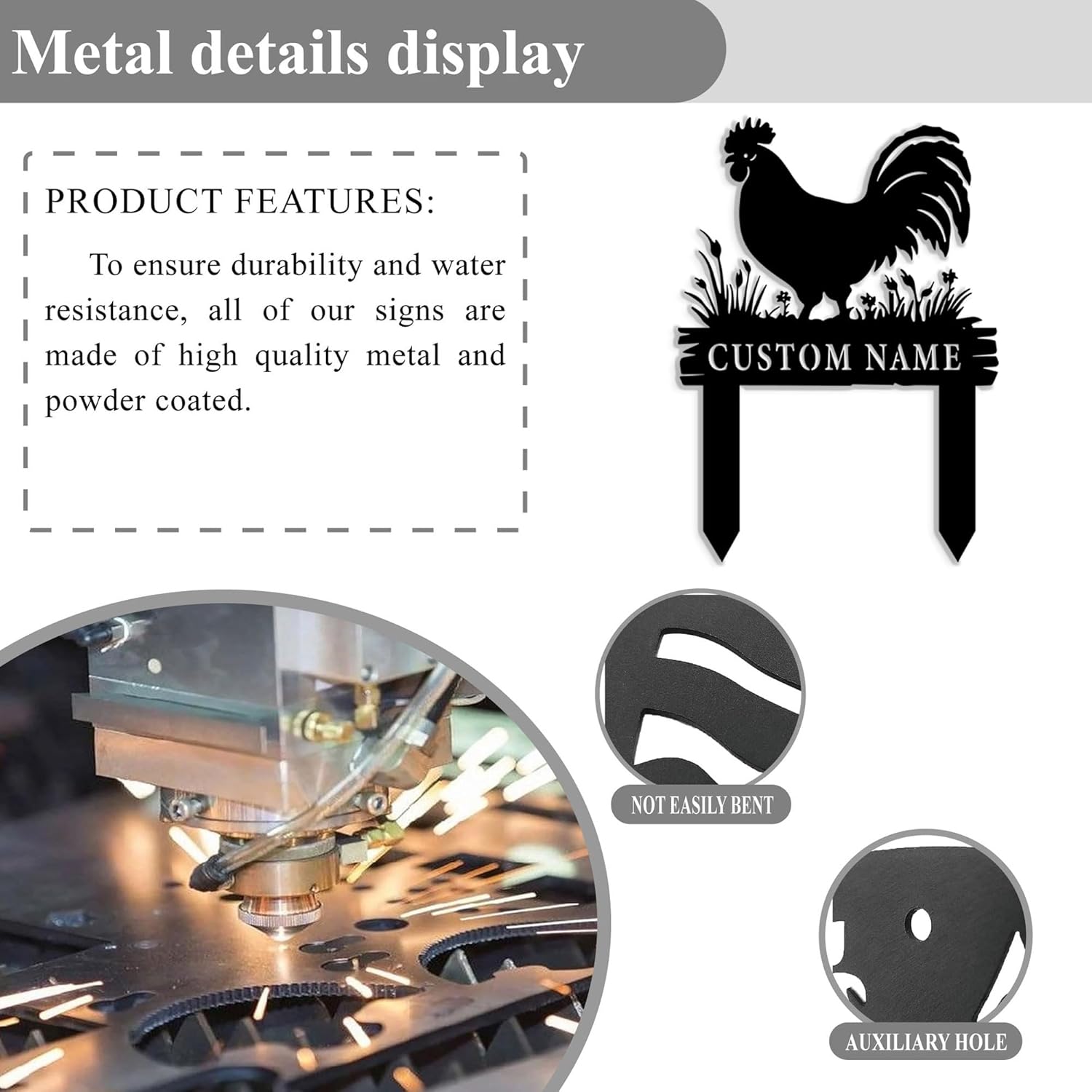 Iron Rooster Garden Stake,Personalized Name Plaque Sign,Chicken Coop Sign,Custom Metal Yard Art for Outdoor Decor, Rustproof Lawn Ornament, Farmhouse Insert Sign for Garden & Patio