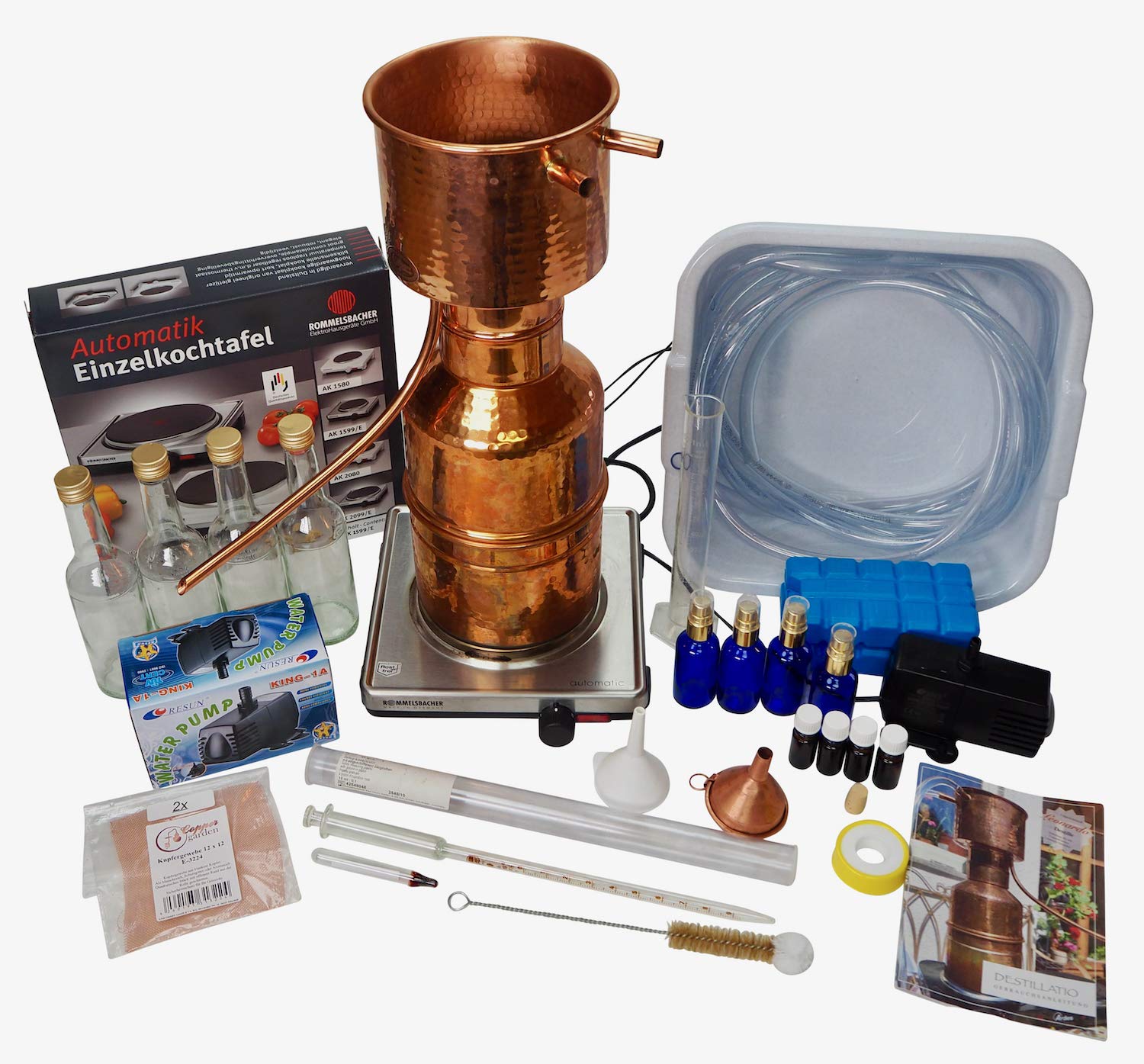 CopperGarden Destille LEONARDO 2 Liter | Sorgenfrei Paket mit Zubehör | Auspacken und Destillieren | Inklusive Pumpe, Kochplatte etc. | Kräuter Brennerei f. Hydrolate & ätherische Öle
