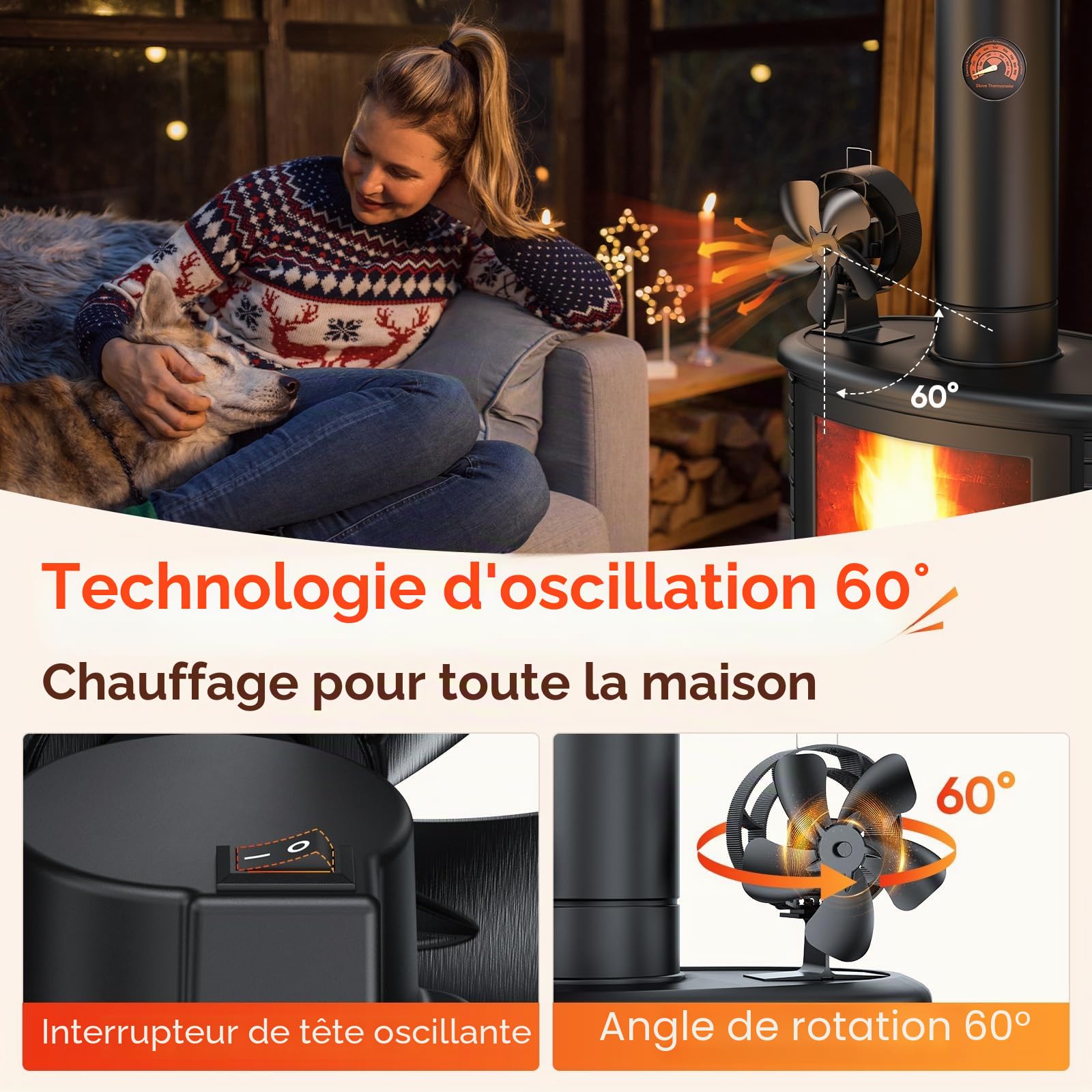 Ventilateur Poele à Bois avec thermomètre, ventilateur oscillant à 60° avec 5 pales de 210 mm, fonctionnement thermique et silencieux (sans électricité) pour poêles à bois/Cheminée/Gaz