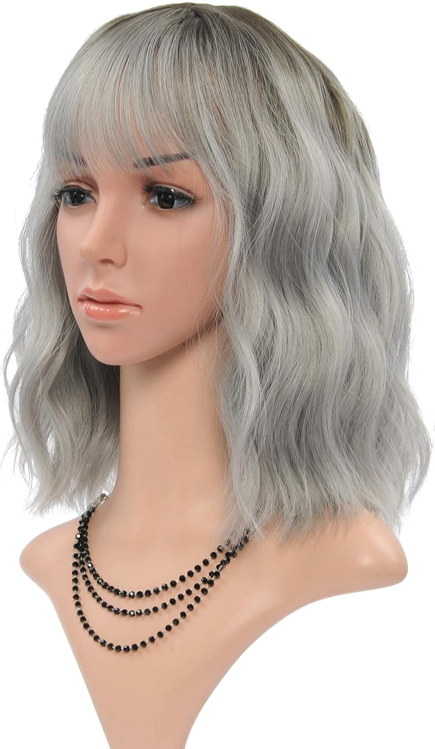 FAELBATY Ombre Grey Wig - Short Bob Wig With Air Bangs, Curly Wavy Synthetic Hair - 12" Dark Root Ombre Grey - Image 4