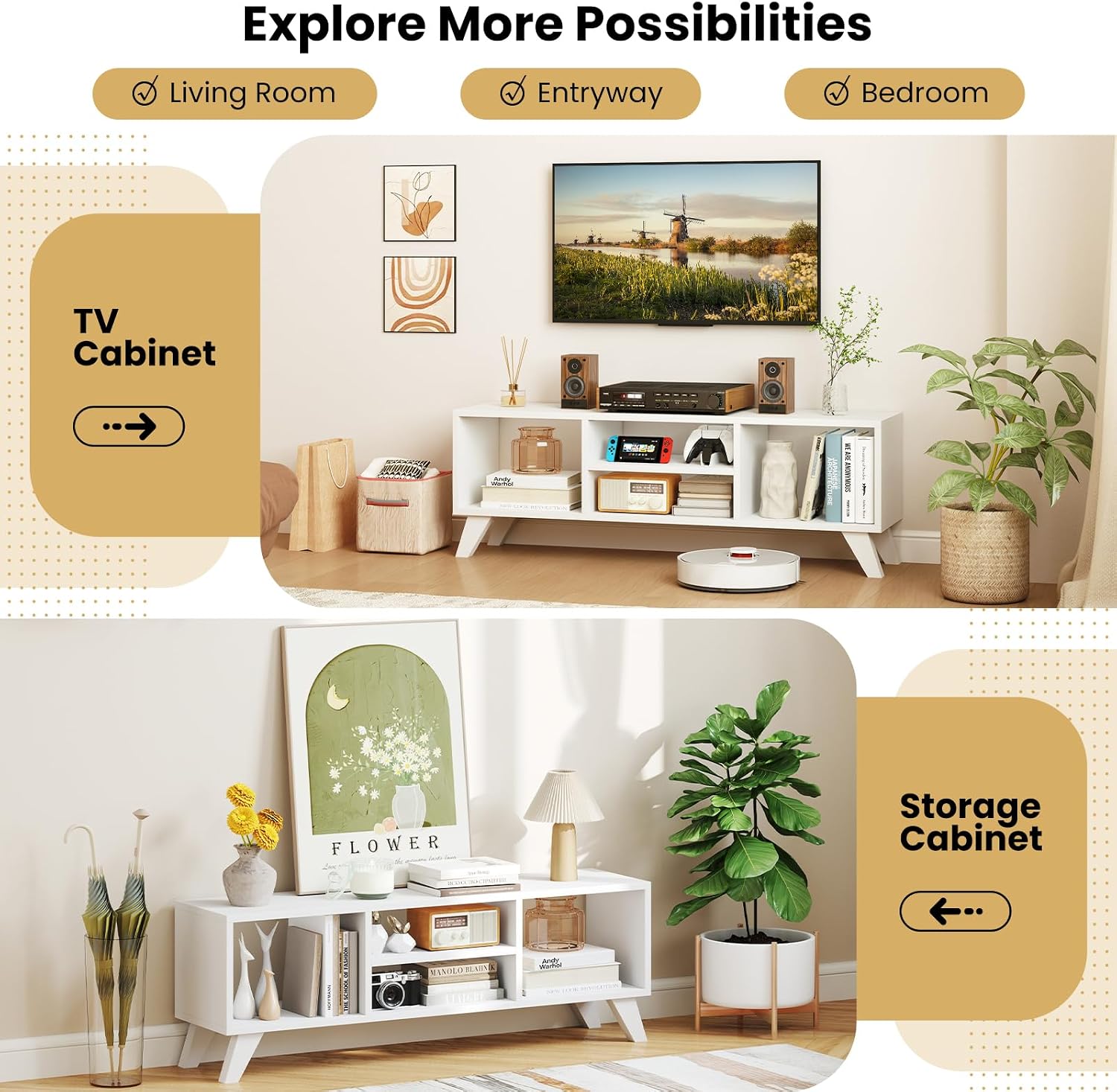 Giantex White TV Stand for TVs up to 55", 4-Cubby Modern Entertainment Center with Open Storage Shelves, Wood Media Console Table for Living Room, Bedroom