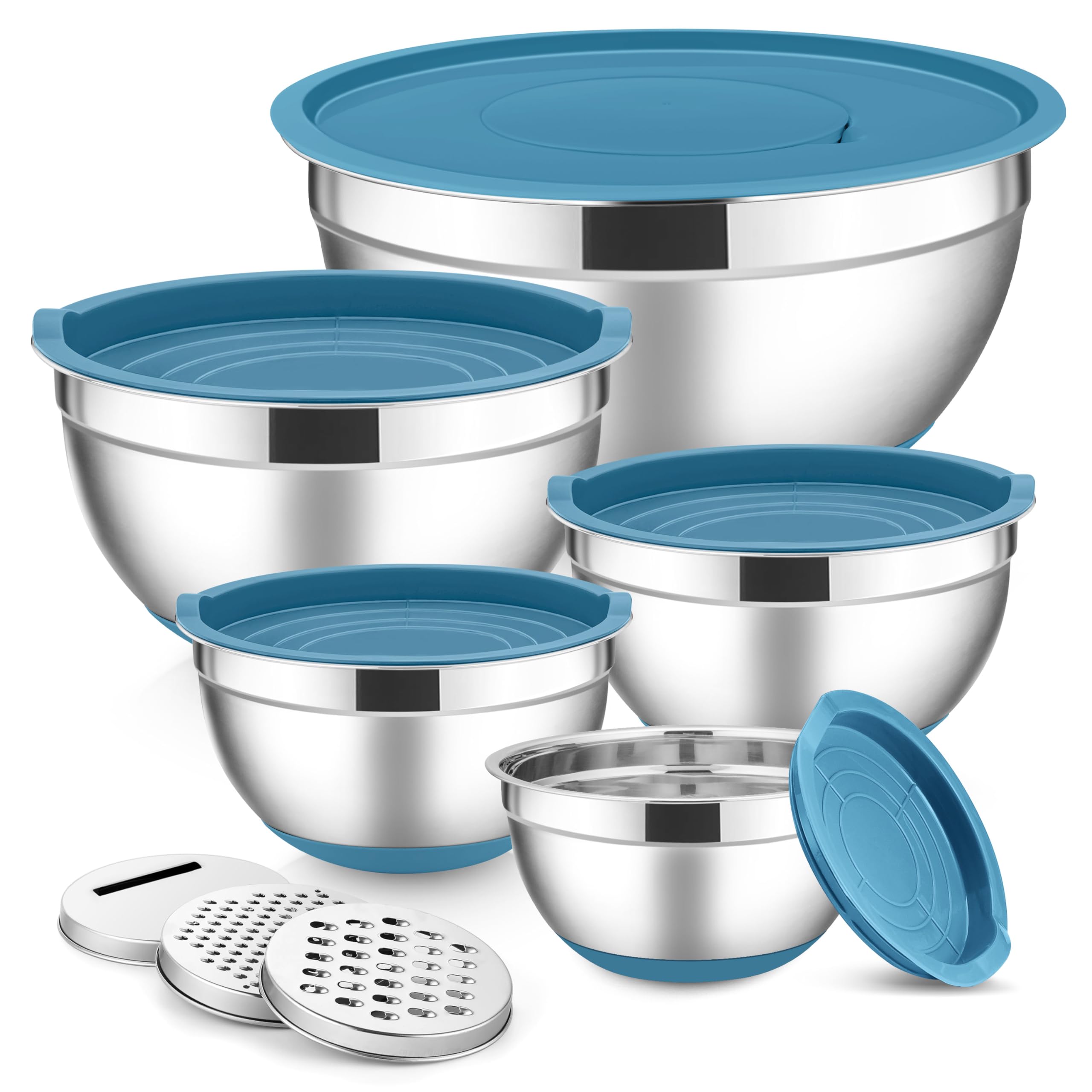 E-far Stainless Steel Mixing Bowls with Lids Set, 5-Piece Nesting Salad Bowls with 3 Grater Attachments and Non-Slip Bottoms, Size 4.6, 2.6, 2, 1.5, 1QT for Kitchen (Blue)