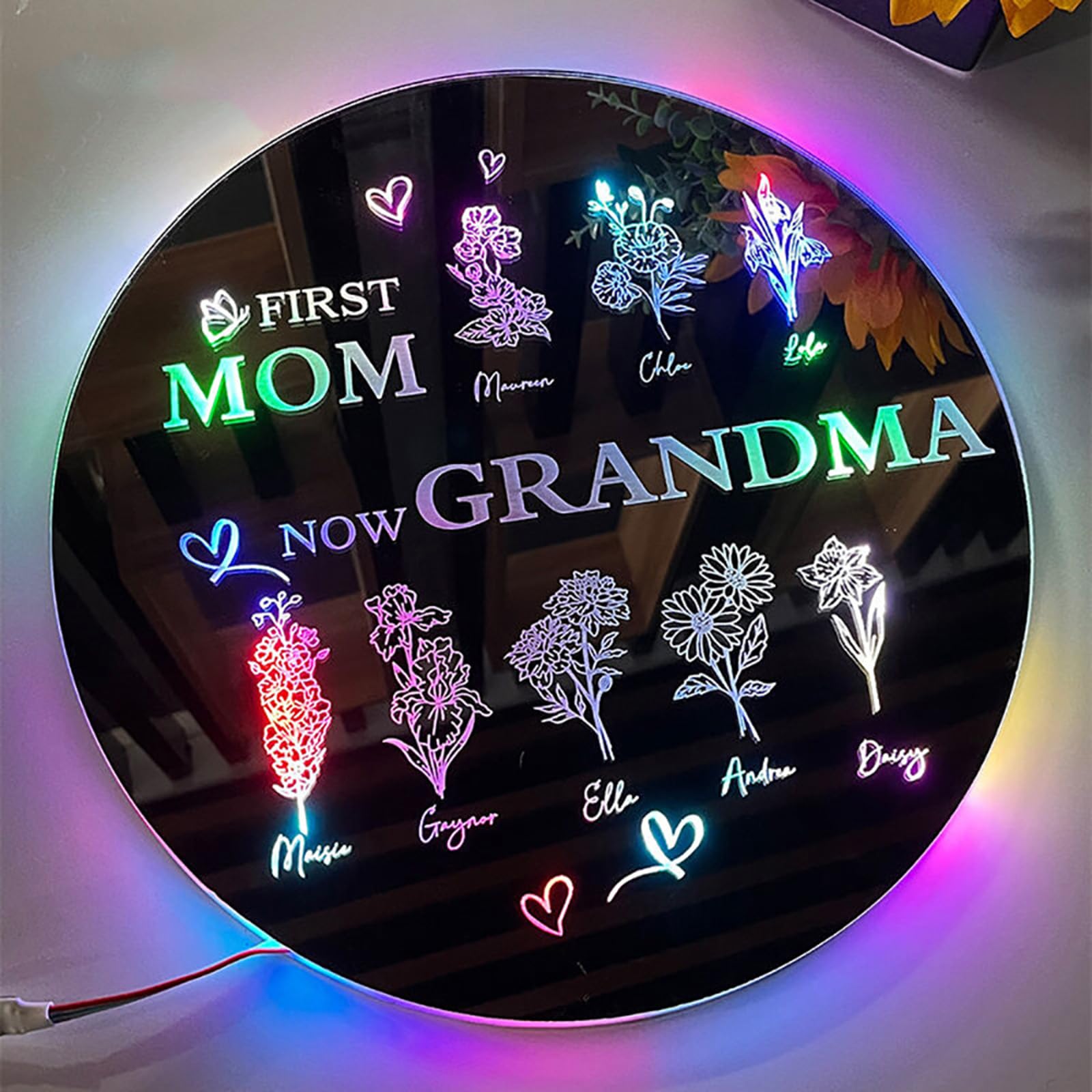Espejo personalizado para abuela con grabado de flores de nacimiento de niños y luces LED de 30cm