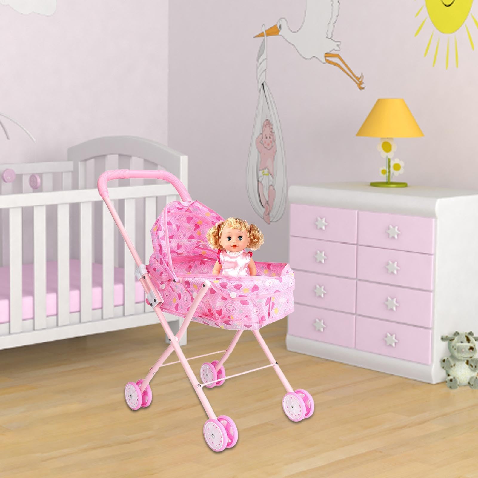 Babypuppenwagen, Puppenbuggy für Kinder, Puppenbuggy, Faltbarer und Leichter Puppenbuggy mit Korb, Puppenbuggy für Rollenspiele