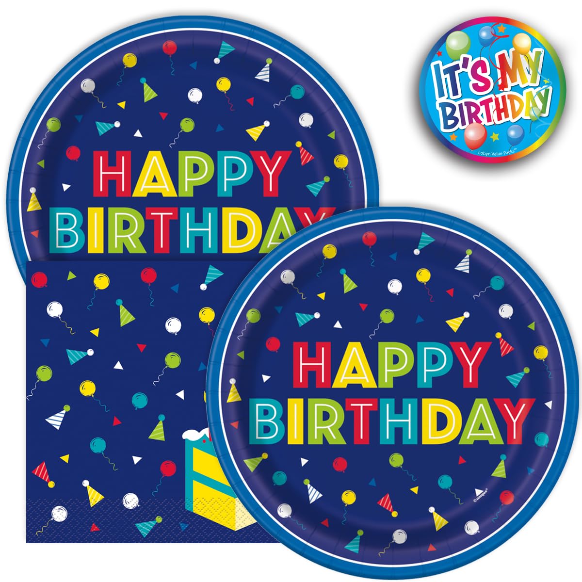 Lobyn Value Packs Heavy Duty Bright Peppy Birthday Party Plates and Napkins Set – 32 Piece Colorful Disposable Tableware – Includes 16 9‑Inch Plates