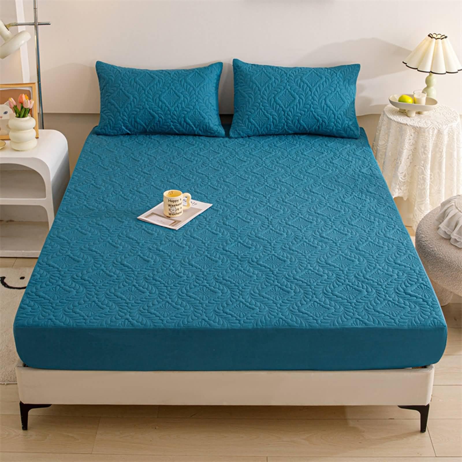 Gualiy Double Fitted Sheet, Floral Textured Bottom Bed Sheet Polyester Cotton Waterproof Fitted Sheet 140x200cm, Teal