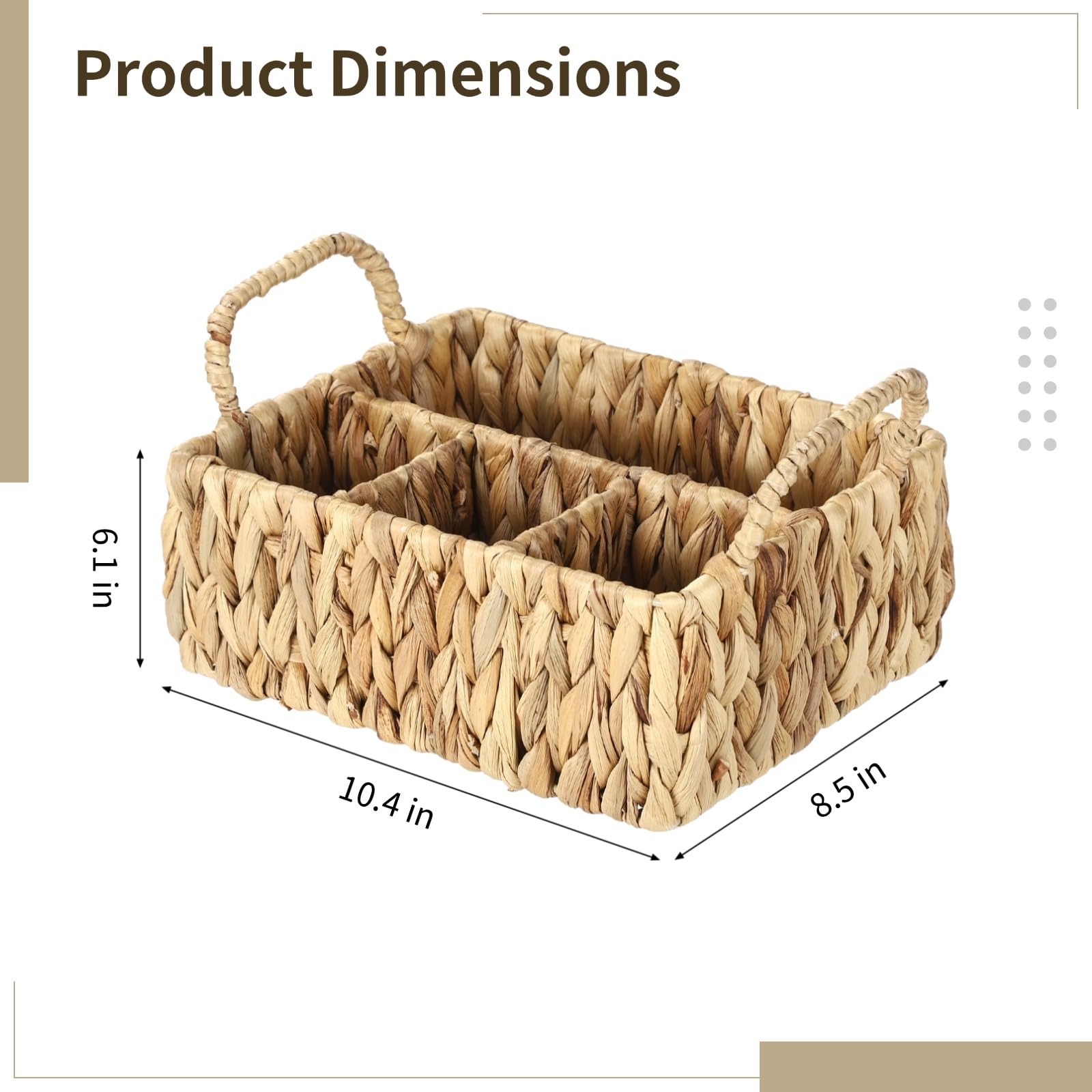 Utensilienkorb aus Wasserhyazinthe, 4-Fach-Besteckaufbewahrung mit 2 Griffen, geteilte Besteckablage im Landhausstil, geflochtener Organizer für Küche, Esstisch und Buffet, 26,5 x 21,5 x 15,5 cm