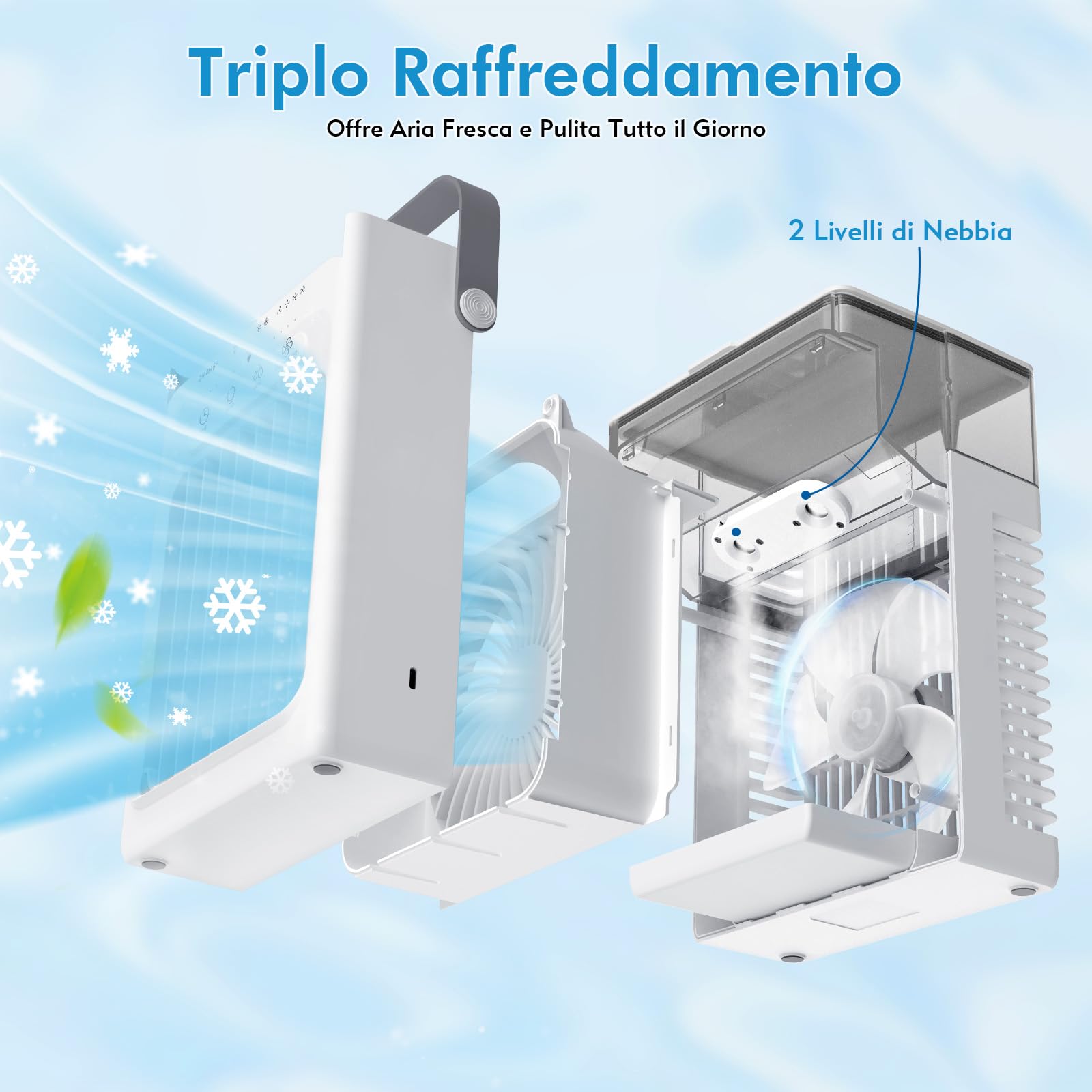 Mini Condizionatore Portatile 3-in-1, Serbatoio Acqua 1L, 4 Velocità Regolabili, 3 Timer, Luce RGB Integrata, Raffrescatore d'Aria Ultra Silenzioso con Telecomando per Casa Ufficio