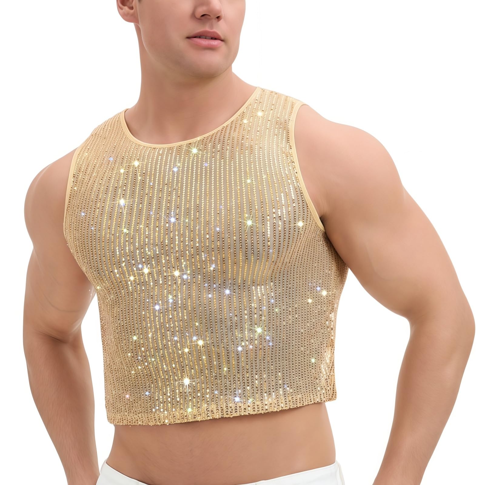 TouKingda Mens Shiny Sequin Tank Top Sexy Crew Neck Glitter Sequins Mesh Vest Top See Through Sleeveless Slim Fit Muscle T-Shirt Sparkle Undershirt for Carnival Rave Party Nightclub, Yellow L