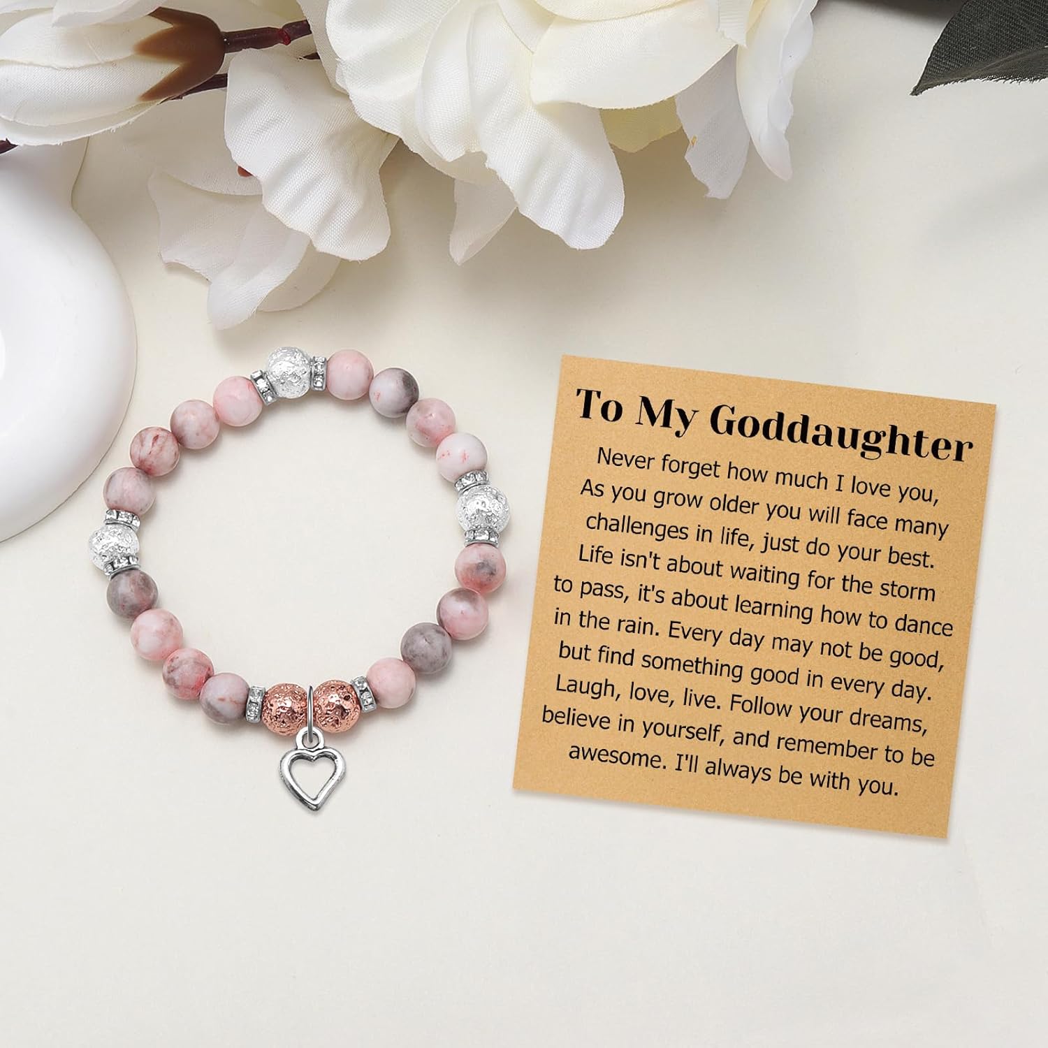 Mwphuy Goddaughter Gifts from Godmother Bracelet Inspirational Gifts for Goddaughter Christian Baptism Gift Beaded Bracelet with Card First Communion Christmas Birthday Graduation Gift for Girl - Image 5