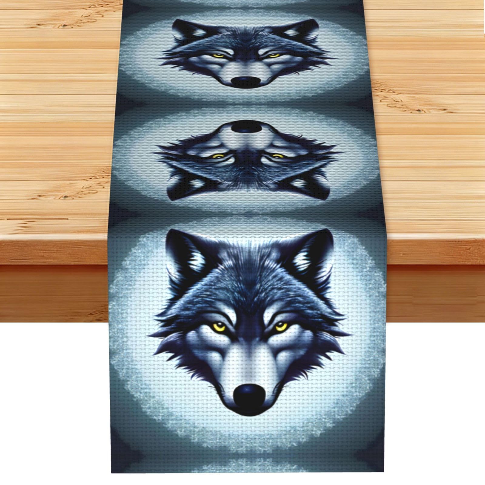Fierce wolf head Linen Look Table Runner 13x72-Wrinkle Resistant Farmhouse Style for Dining Table Decor