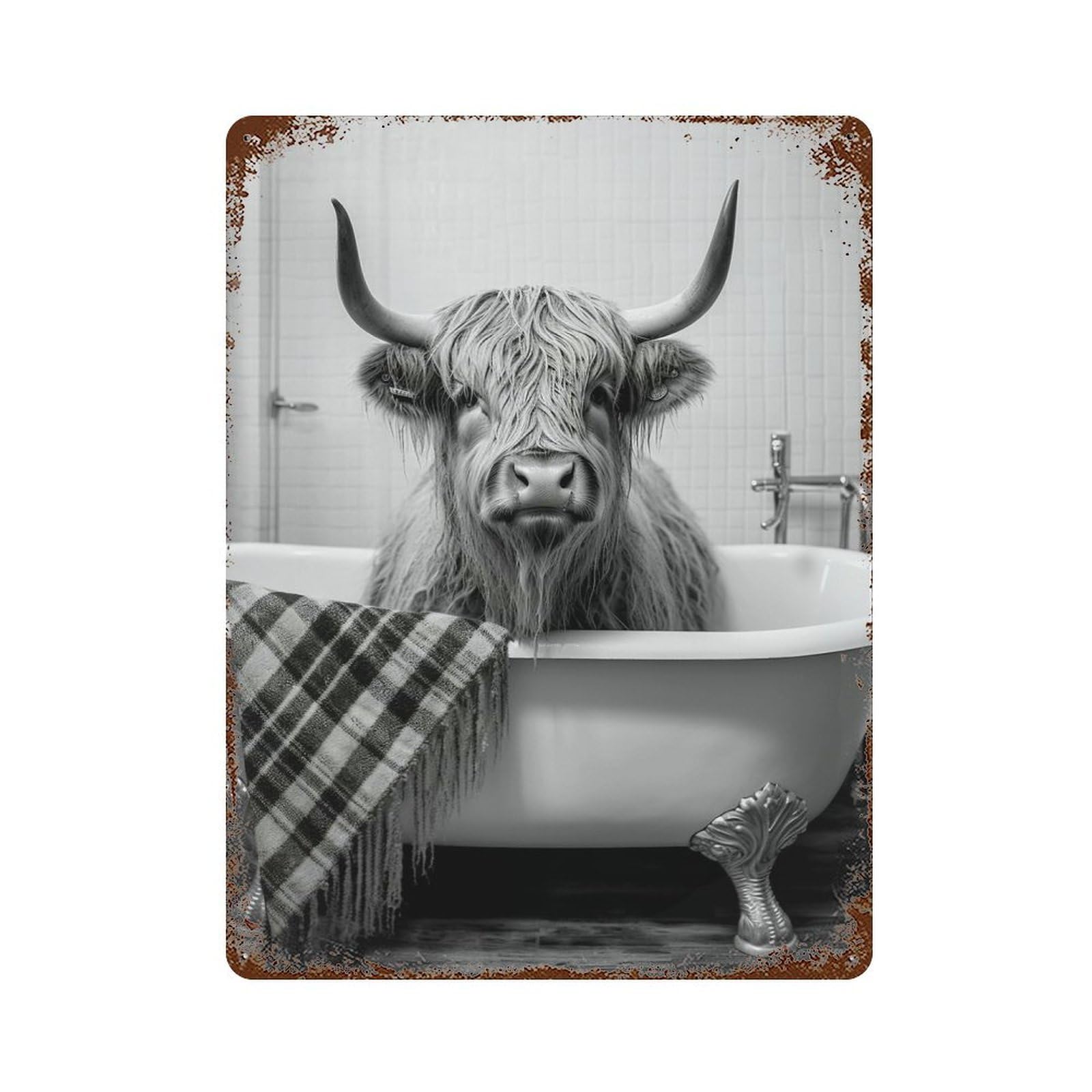Garage Style Cow on The Bathroom Rust Effect Tin Sign 15.7"x11.8", Industrial Home Decor for Bar And Workshop