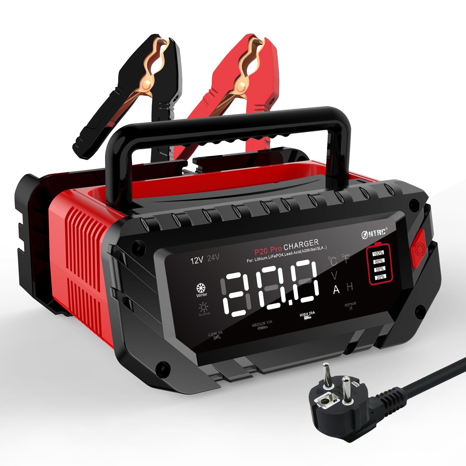 Haisito 12V/24V cargador de batería rápido inteligente, 20A, LiFePO4 de litio y ácido de plomo (AGM/Gel/SLA) para automóviles, barcos, motocicletas, entrada de 240V