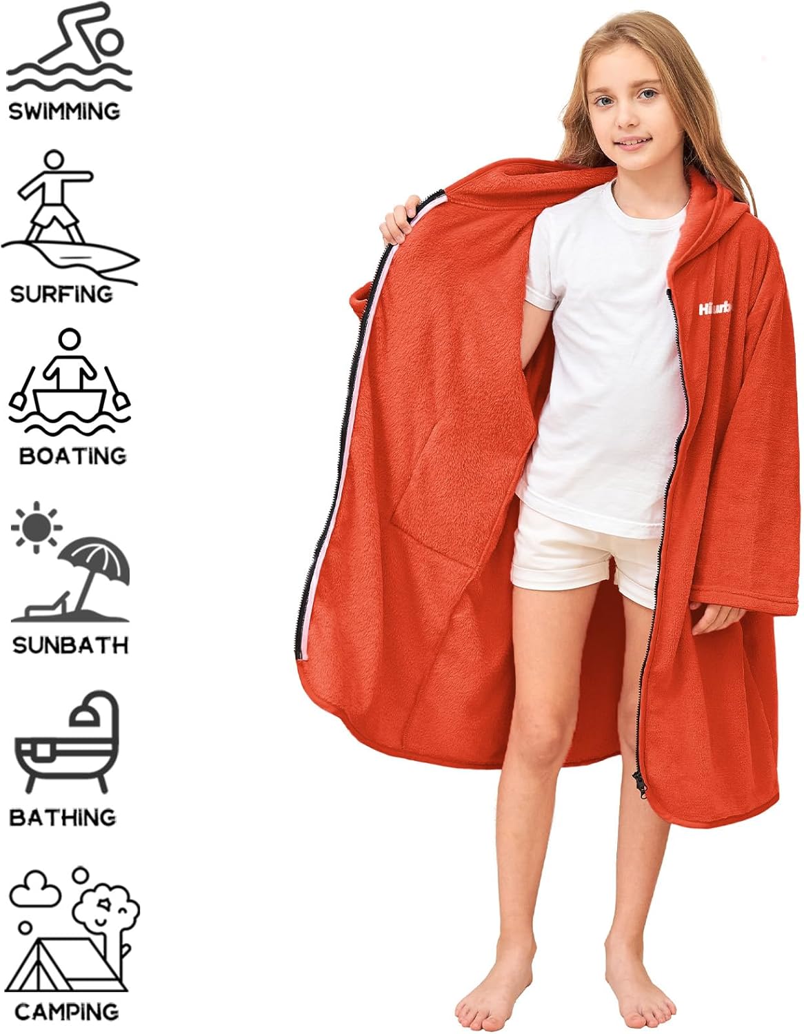 Hiturbo Kids Bath Towel Hoodie: Soft Plush Zipper Surf Poncho - Warm Fleece Changing Towels Swimming Outerwear (Orange) - Image 4
