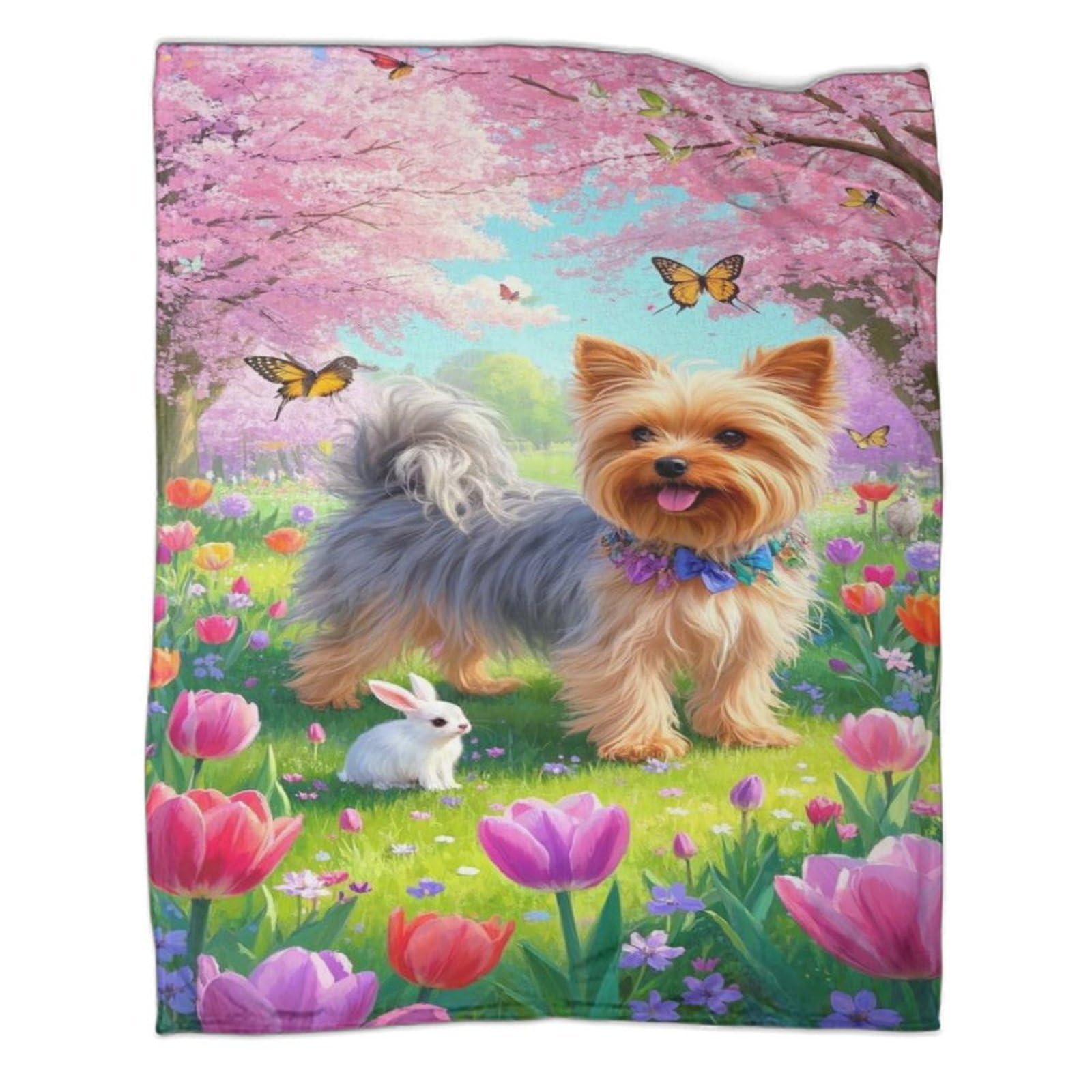 Blanket Yorkshire Terrier 3D Pattern Spring Flower Landscape Flannel Throw Blanket Lightweight Cosy for Sofa, Couch, Bed 70x80inch(180x200cm)