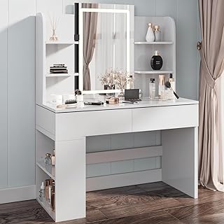 Comprar Airfish Tocador de Maquillaje con Espejo y LED Luz Regulable, Mesa de Maquillaje con 2 Cajones y 4 Estantes, Estante Inferior, Vanity de Escritorio Moderno para Dormitorio, 90x40x135 cm, Blanco