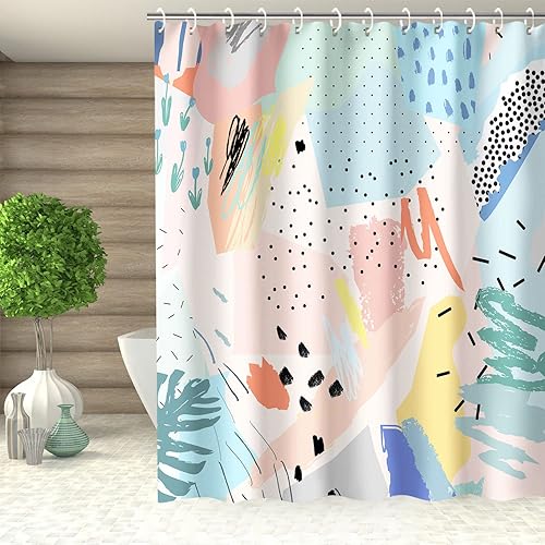 Miniatura 7 de RosieLily Juego de cortina de ducha para niños con 12 ganchos, cortina de ducha con círculos de lunares de acuarela, impermeable, lavable,