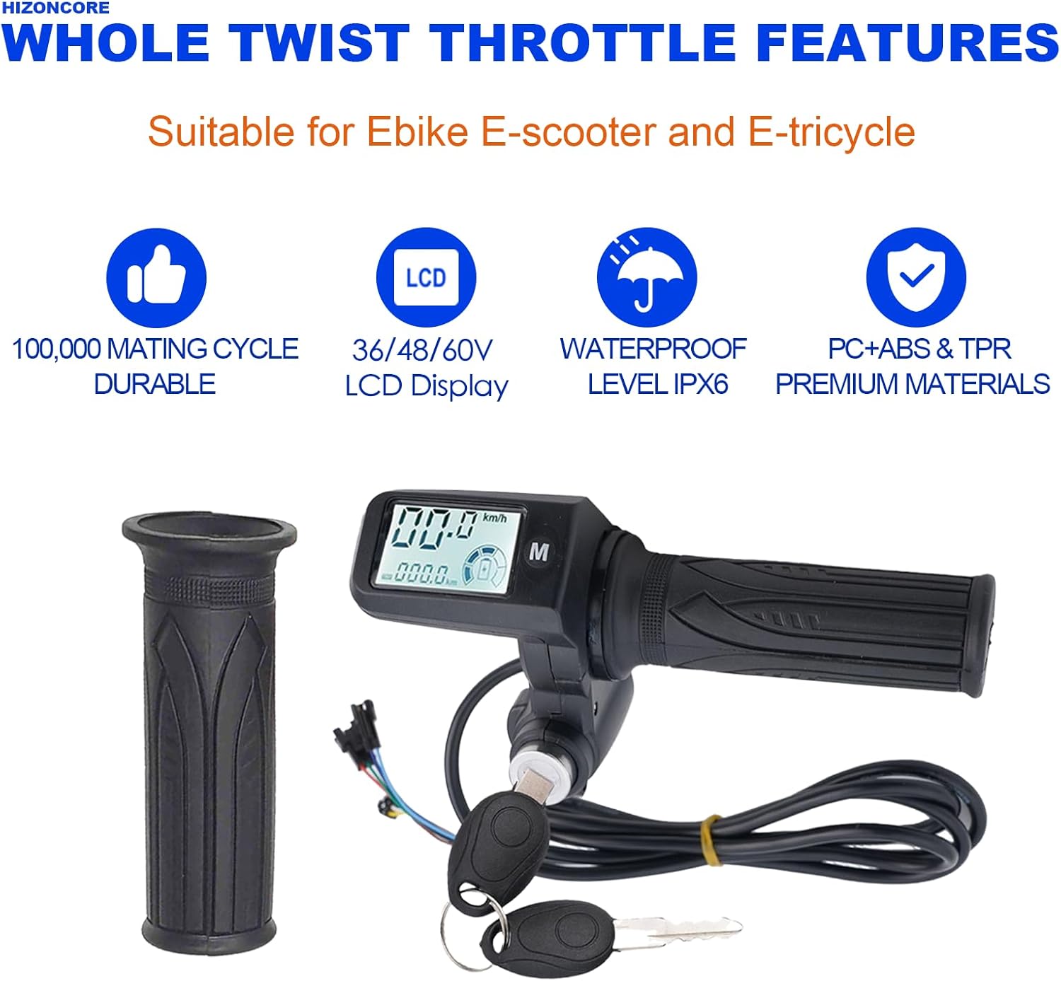 Full Twist Throttle, 8 Pin EBike Throttle 36V/48/60V Universal with 3 Speed Adjustment, LCD Speed Display, Key Switch, Electric Scooter Twist Grip for E-Bike, Motorcycle