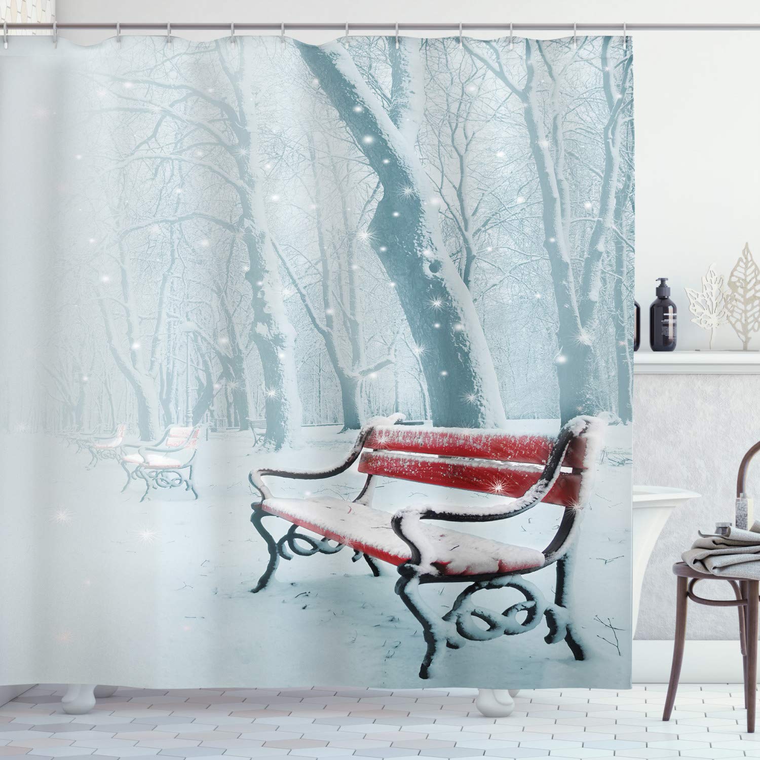 ABAKUHAUS Forest Shower Curtain, Row Iced Red Benches in a Park's Pathway Misty Crystalline in the Weather Forest Photo, Cloth Fabric Bathroom Decor Set with Hooks, 70 Inches, White — image 1