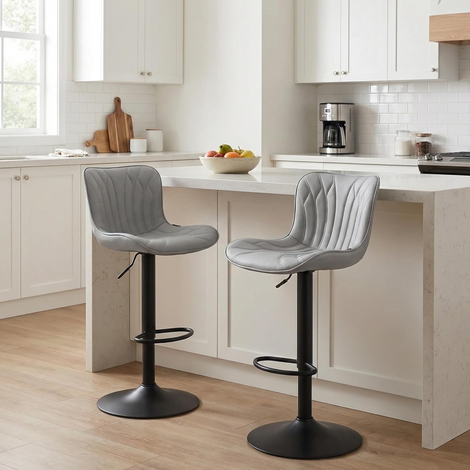 YOUNUOKE Bar Stools Set of 2, Swivel Counter Height BarStools with Mid Back, Adjustable Faux Leather Modern Tall Bar Chairs for Kitchen Island, Grey