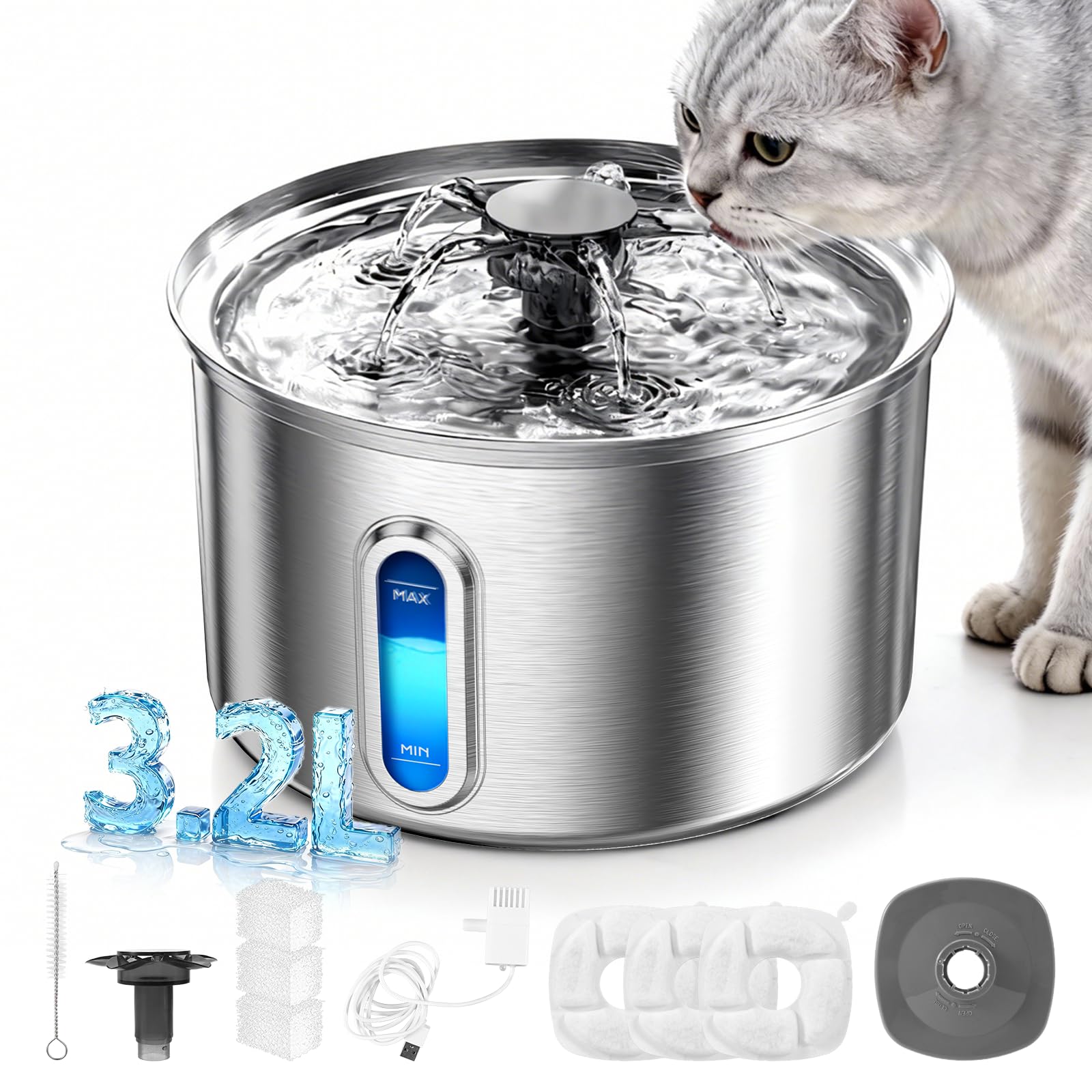 Fontanella per Gatti Acciaio Inox, 3.2L/108oz Fontana per Gatto con Sistema di Filtrazione a Cinque Stadi, 25dB Ultra silenziosa, 5W Basso Consumo, Adatto per gatti, cani e piccoli pets +3 Filtri