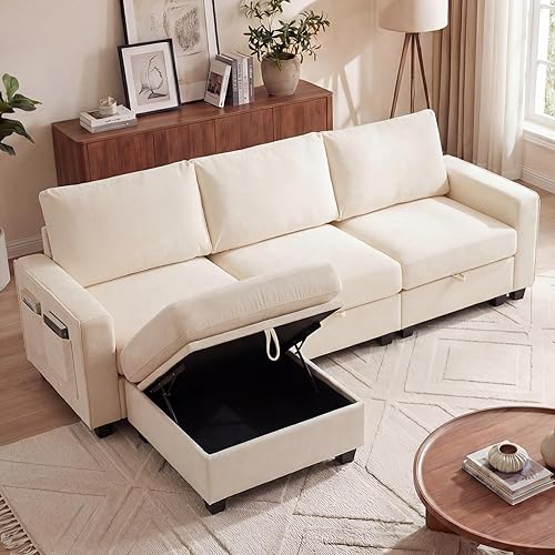 Redlife 98" Modular Sectional Sofa with Ottoman, 4 Seat Chenille Couch with Storage, Quick Connect Convertible Sofa, Removable & Washable Covers, Deep Seat Sofa with Side Pockets, Beige