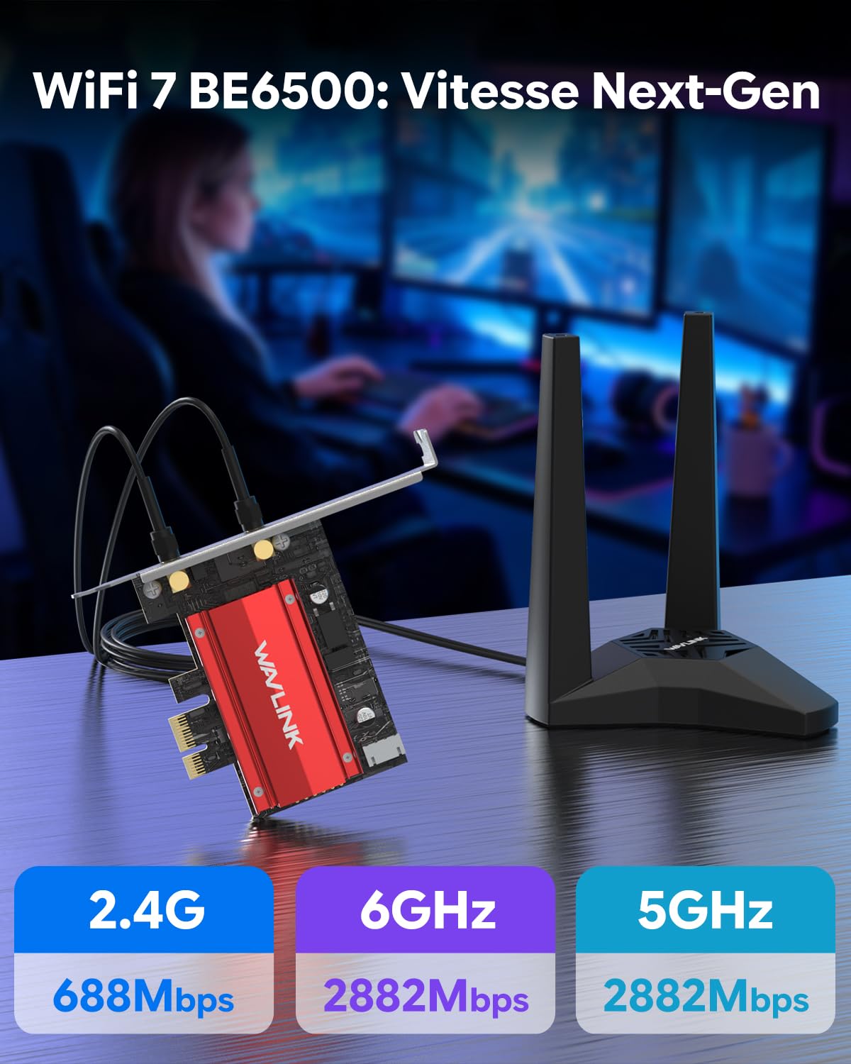 WAVLINK Carte WiFi 7 pour PC avec Rallonge d'antenne,Bluetooth 5.4,BE6500