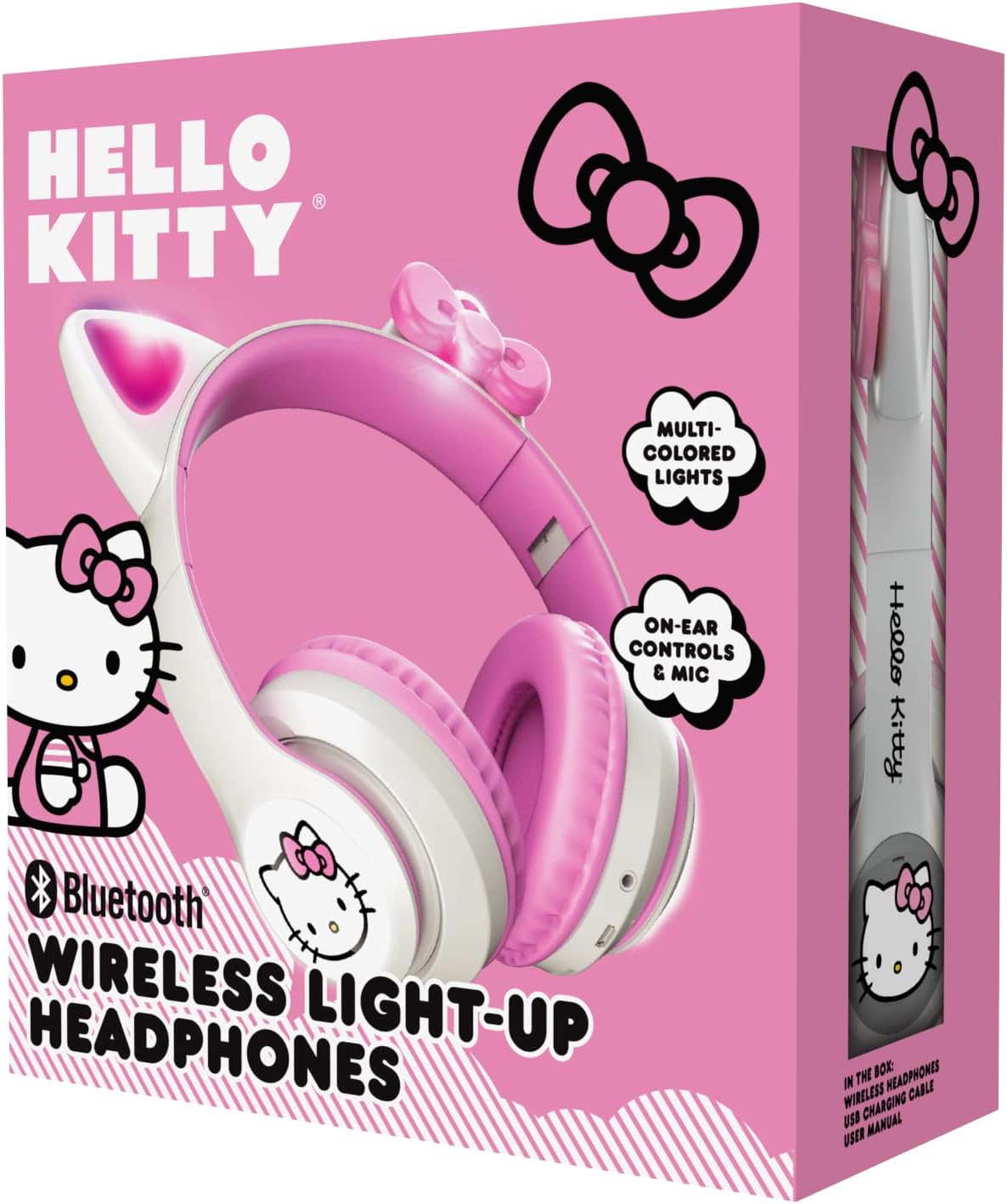 Hello Kitty Wireless Bluetooth Light-Up Headphones packaging, showing the headphones and included accessories.