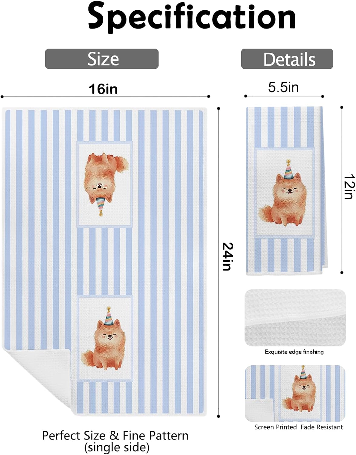 Pomeranian Gifts Kitchen Towels, Pomeranian Gifts for Women, Kids Bathroom Decor, Blue Striped Puppy Dog Decorative Kitchen Dish Tea Towels for Kitchen Bathroom, 16x24 Inch - Image 2
